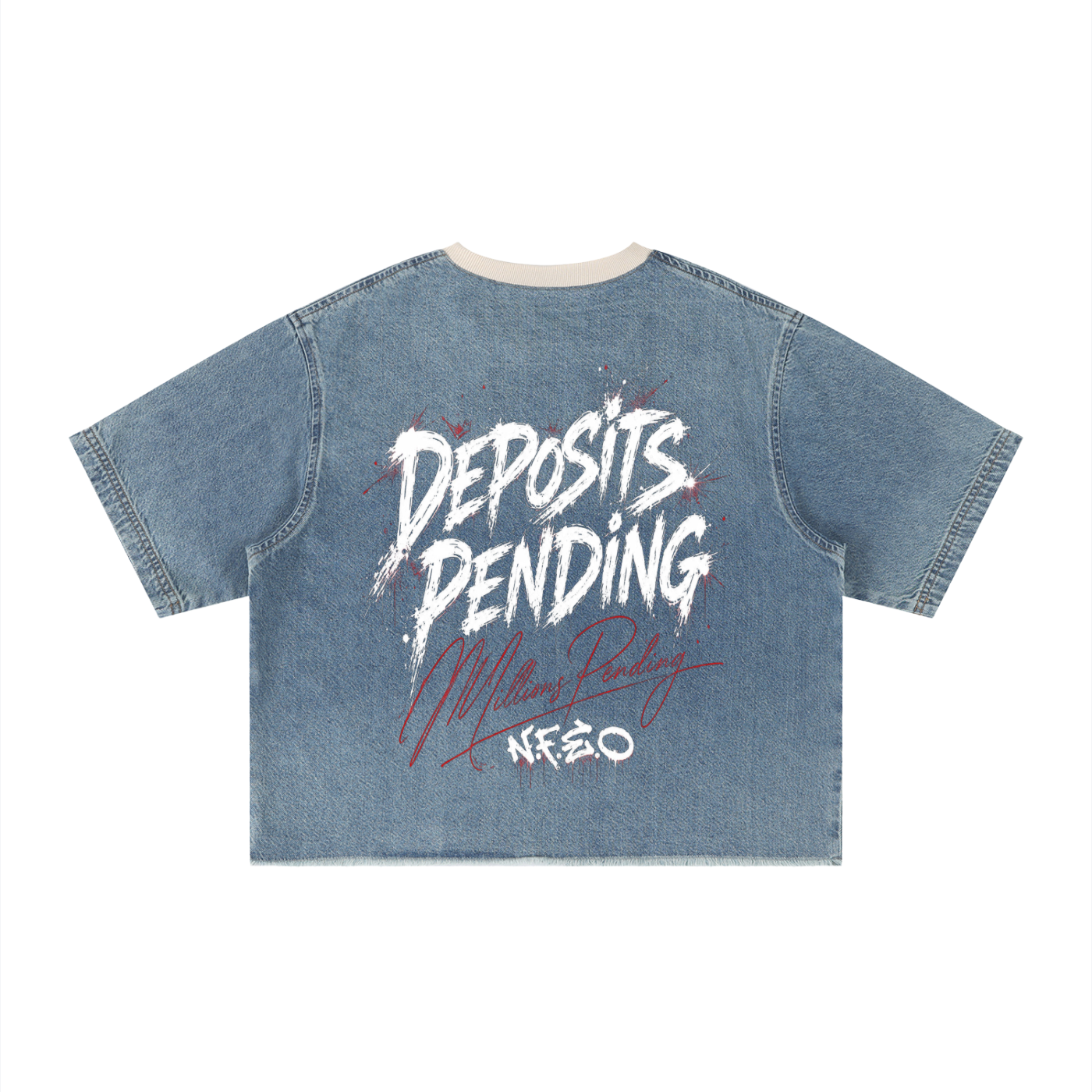 NFEO Streetwear Unisex Vintage Wash Boxy Raw Hem Denim T-Shirt Deposits Pending