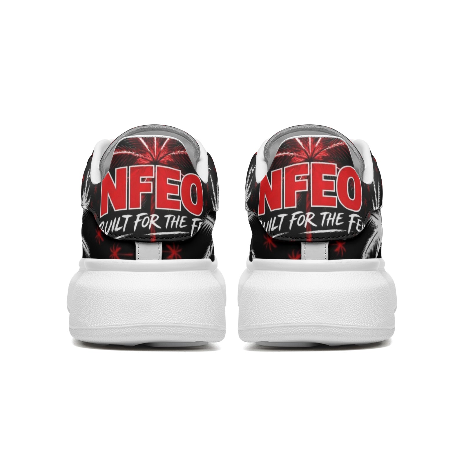 Back view: NFEO Platform Sneakers Built For The Few premium streetwear footwear featuring chunky sole designer silhouette, luxury urban fashion styling, entrepreneur lifestyle branding, exclusive sneaker culture design, modern streetwear shoes, statement fashion footwear, casual luxury sneakers, lifestyle streetwear apparel collection, premium designer-inspired platform sneakers for men and women, fashion-forward everyday footwear, urban luxury sneaker brand.