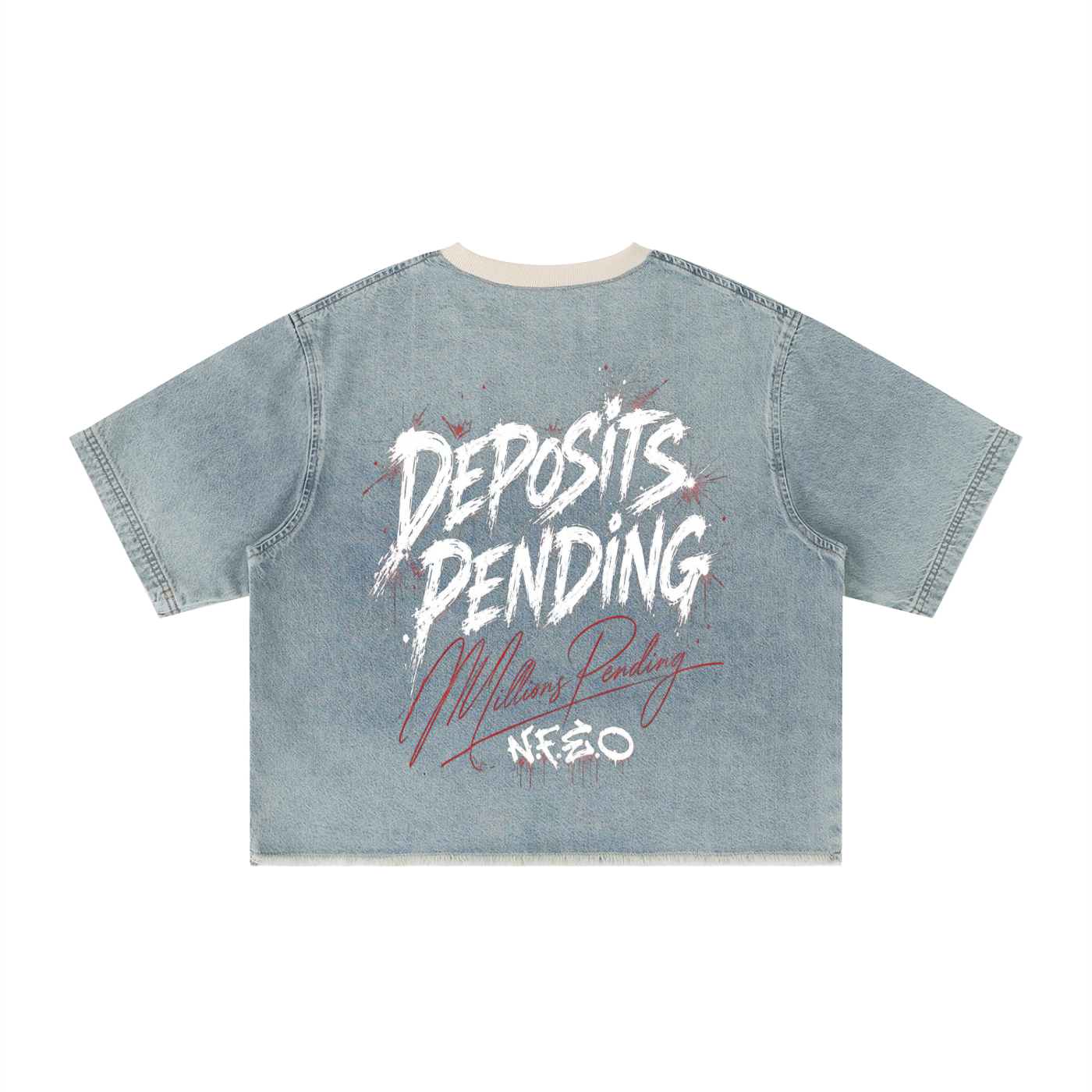 NFEO Streetwear Unisex Vintage Wash Boxy Raw Hem Denim T-Shirt Deposits Pending