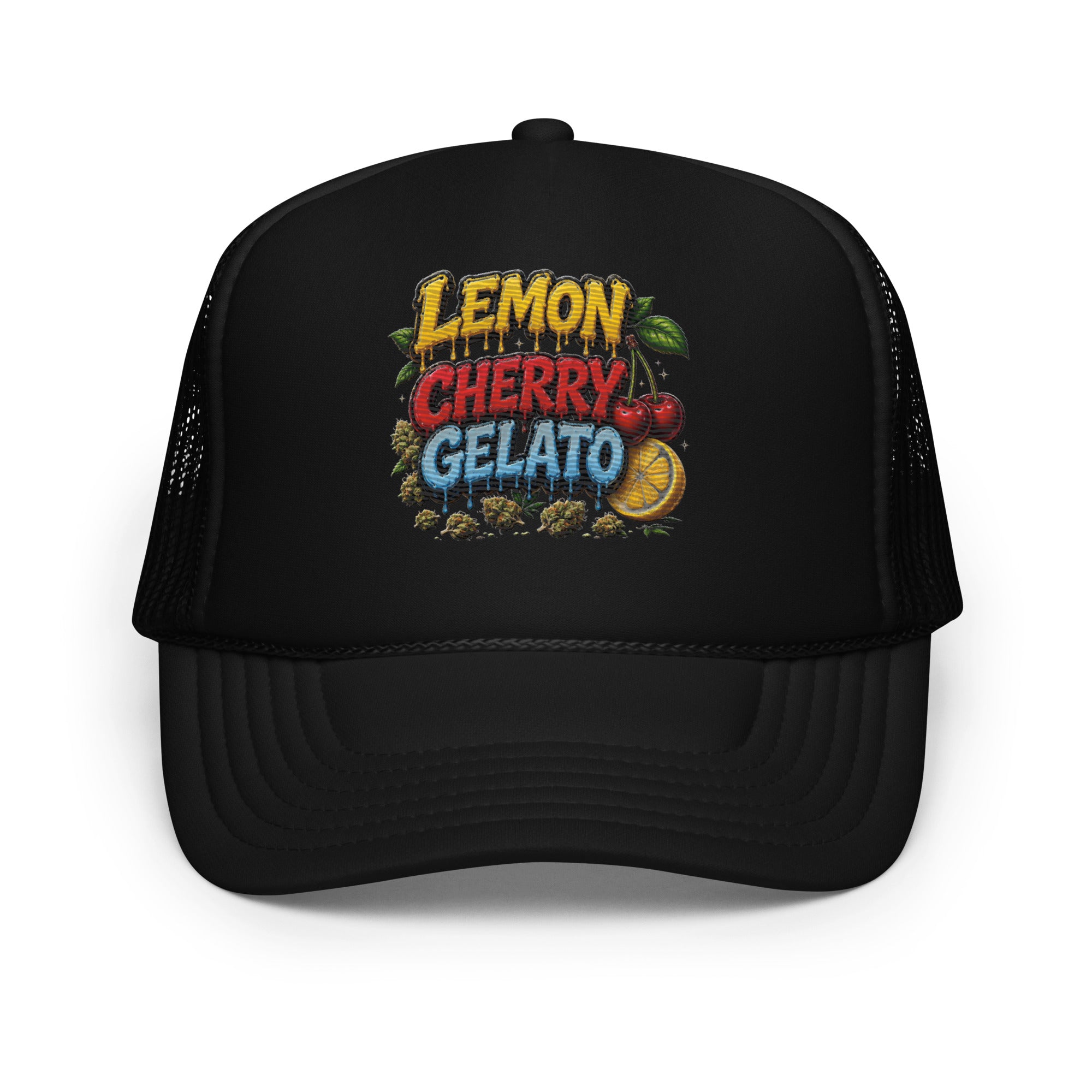 Lemon Cherry Gelato cannabis strain streetwear hat with premium embroidered front design, structured foam trucker cap, breathable mesh back and adjustable snapback