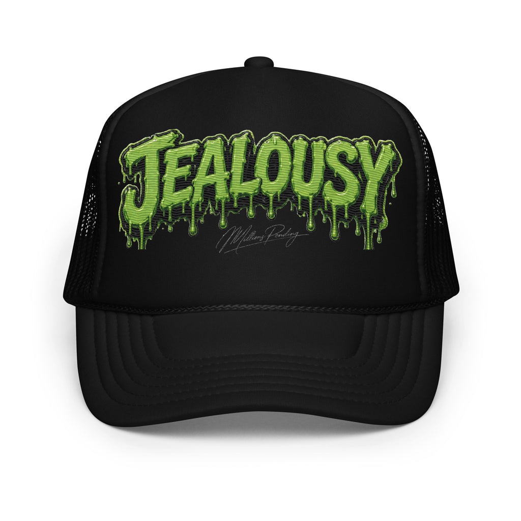 All black front view of Jealousy cannabis strain foam trucker hat with raised 3D embroidered lettering, detailed stitching, structured foam front and breathable mesh back, designed as premium cannabis-inspired streetwear headwear in black, white and red colorways.