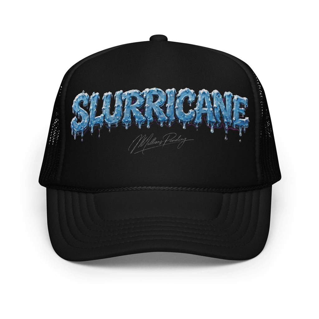 Front view black NFEO Foam Embroidery patch trucker hat with a blue and white dripping 'SLURRICANE" Cannabis Strain Logo graphic on the front panel, featuring a small 'Millions Pending' signature graphic below it, set against a plain white background.