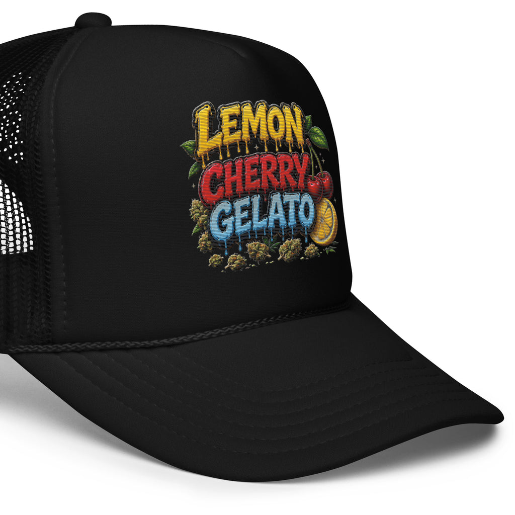 Close up Right Side view of Lemon Cherry Gelato embroidered foam trucker hat showing structured high-profile crown, curved visor, breathable mesh and premium streetwear construction