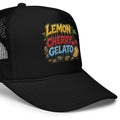 Close up Right Side view of Lemon Cherry Gelato embroidered foam trucker hat showing structured high-profile crown, curved visor, breathable mesh and premium streetwear construction