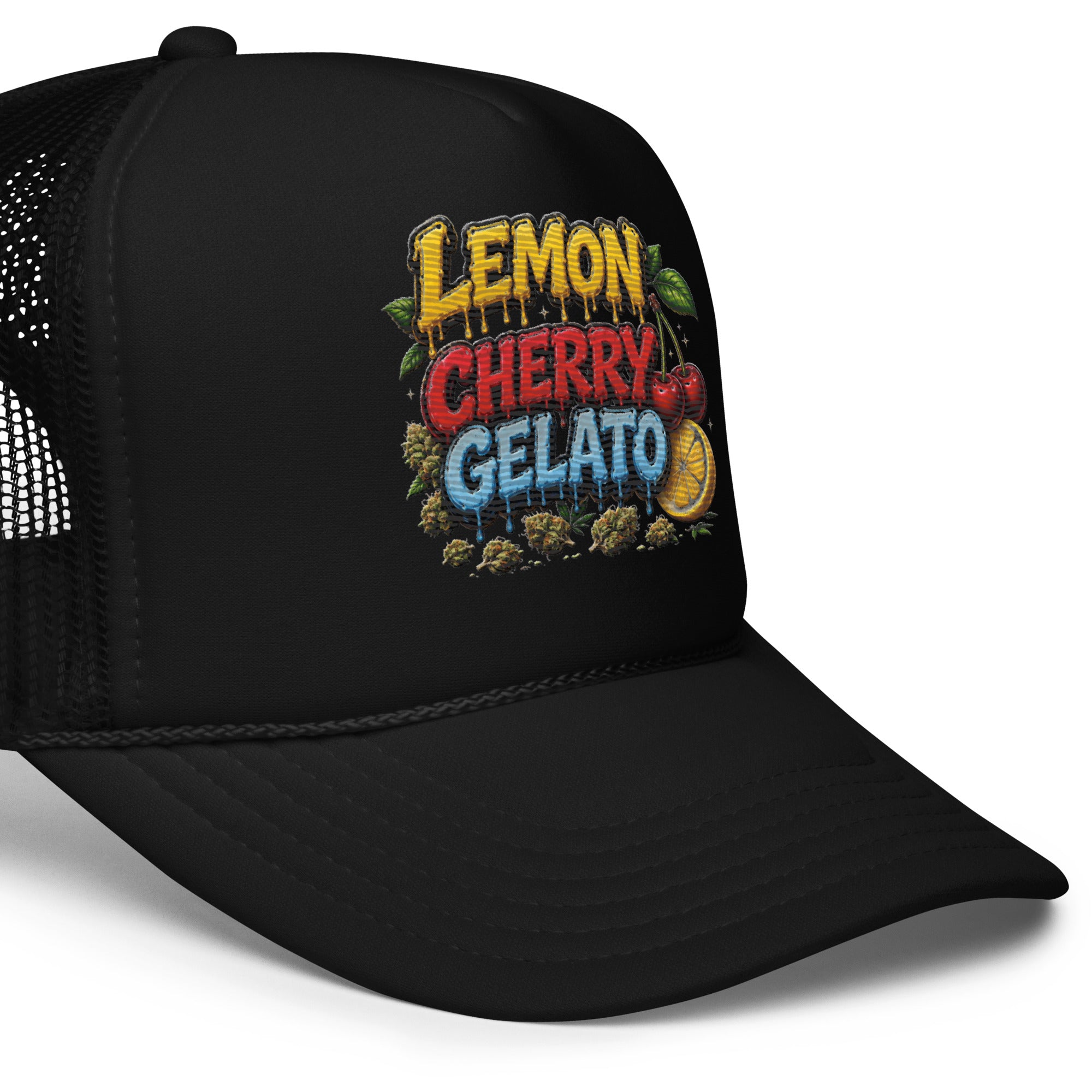 Close up Right Side view of Lemon Cherry Gelato embroidered foam trucker hat showing structured high-profile crown, curved visor, breathable mesh and premium streetwear construction