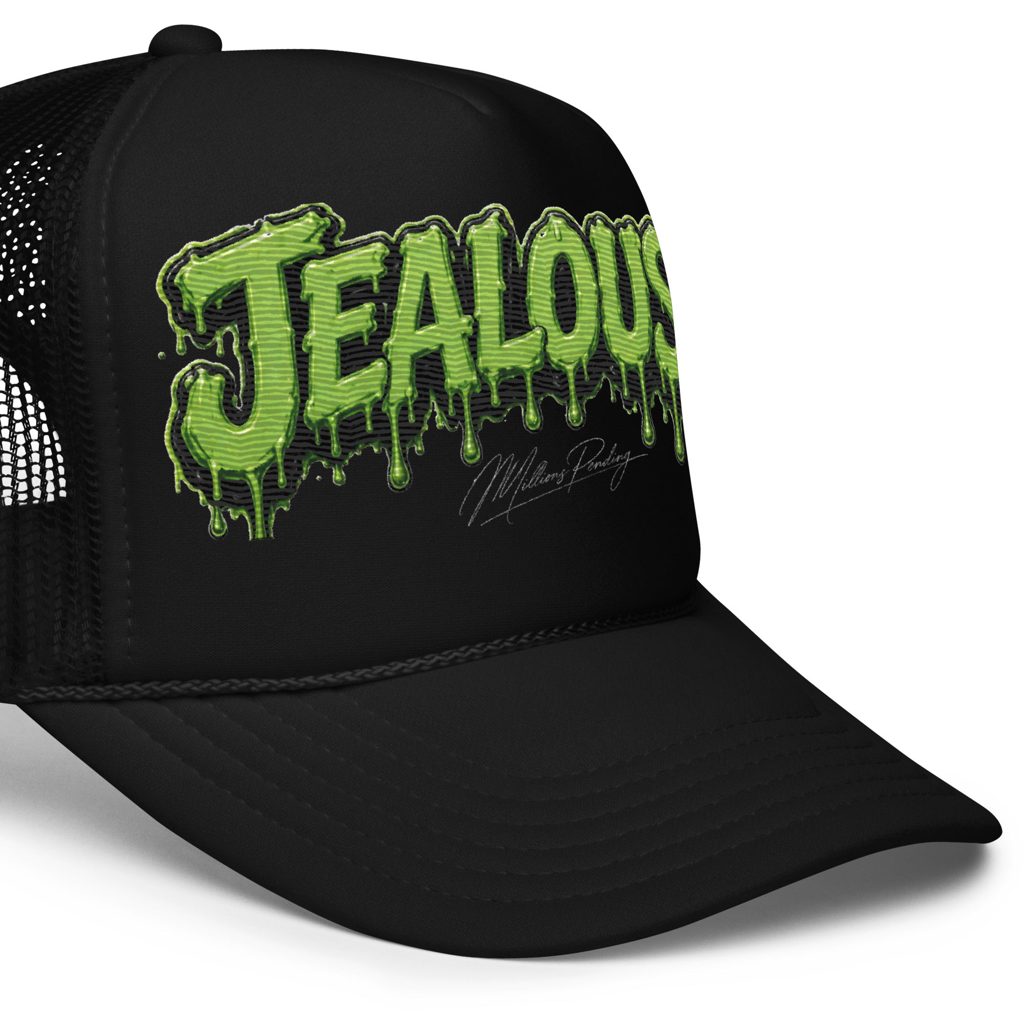  All black Jealousy cannabis strain foam trucker hat with raised 3D embroidered lettering, detailed stitching, structured foam front and breathable mesh back, designed as premium cannabis-inspired streetwear headwear in black, white and red colorways.