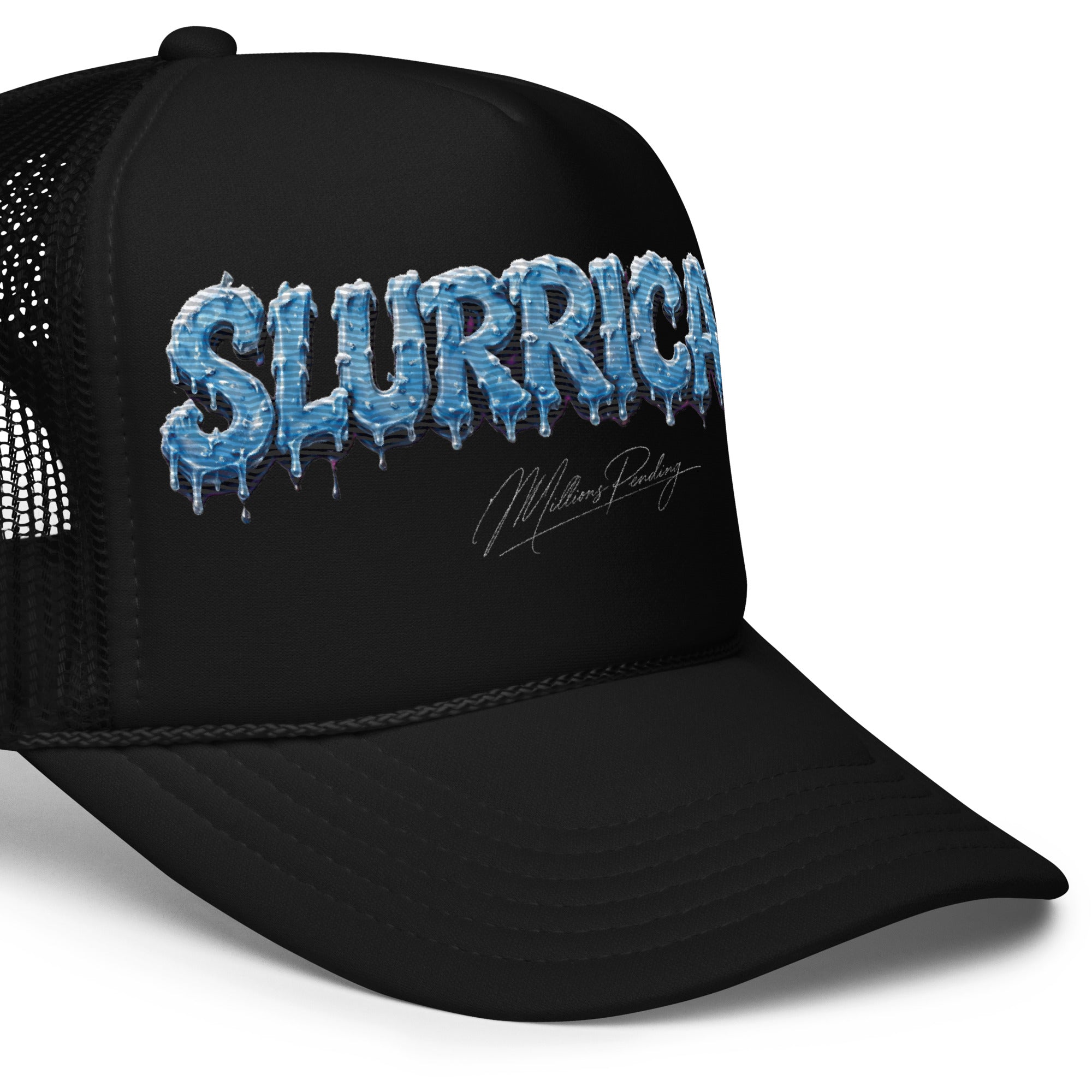 Right side view A black NFEO Foam Embroidery patch trucker hat with a blue and white dripping 'SLURRICANE" Cannabis Strain Logo graphic on the front panel, featuring a small 'Millions Pending' signature graphic below it, set against a plain white background.