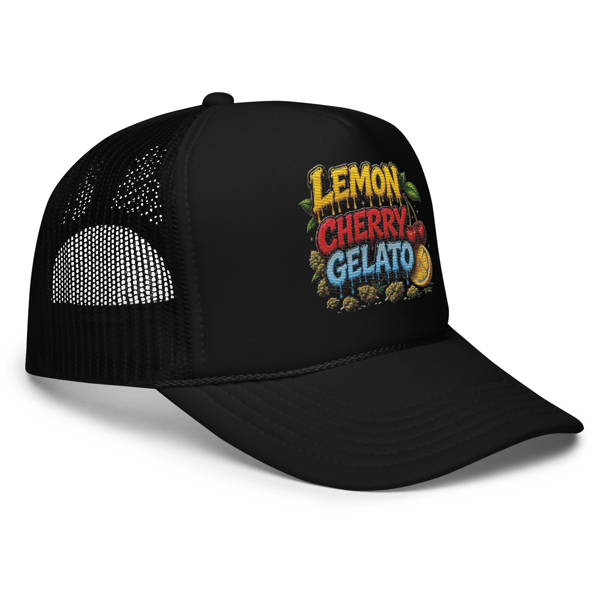 All black right Side view of Lemon Cherry Gelato embroidered foam trucker hat showing structured high-profile crown, curved visor, breathable mesh and premium streetwear construction