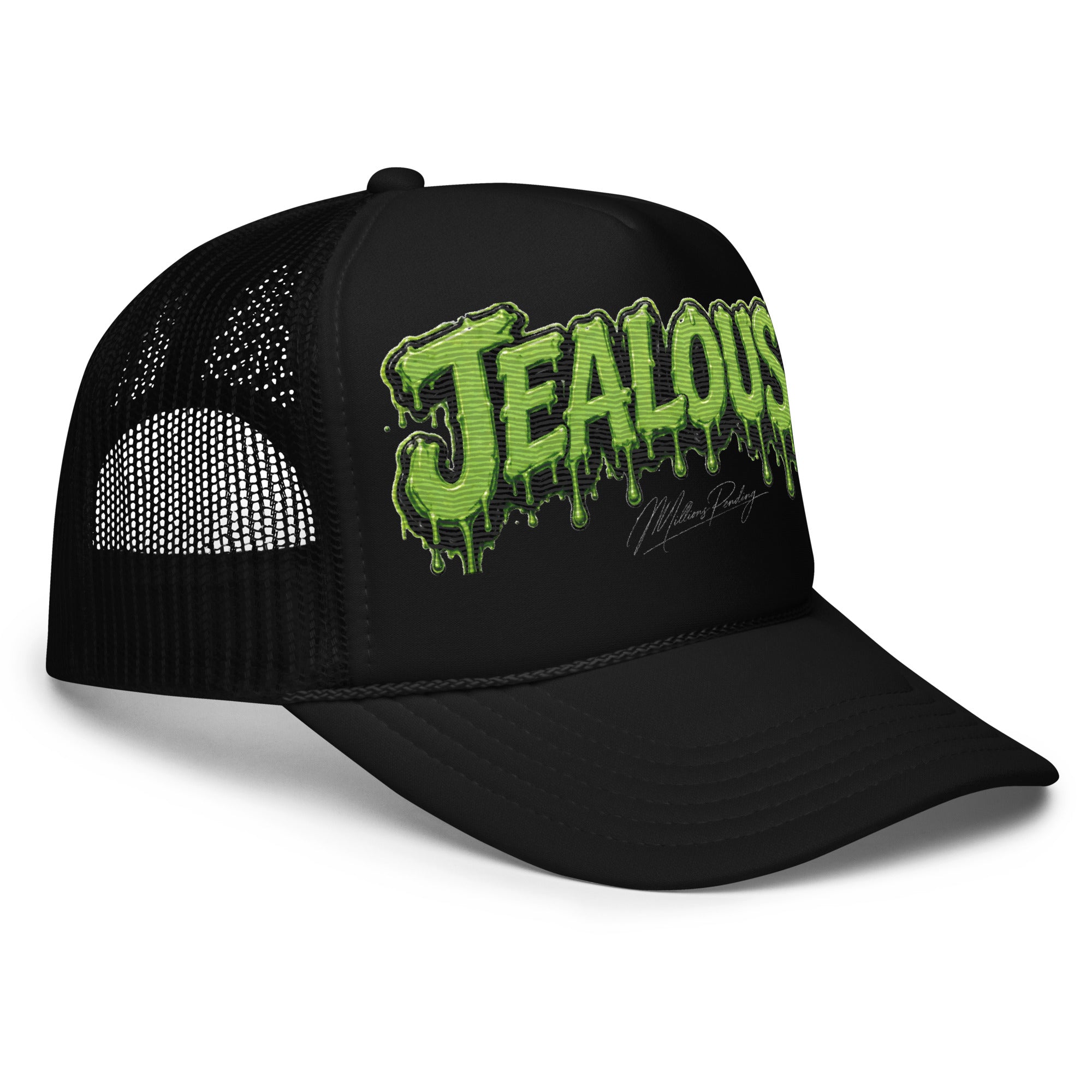 All black Jealousy cannabis strain foam trucker hat with raised 3D embroidered lettering, detailed stitching, structured foam front and breathable mesh back, designed as premium cannabis-inspired streetwear headwear in black, white and red colorways.