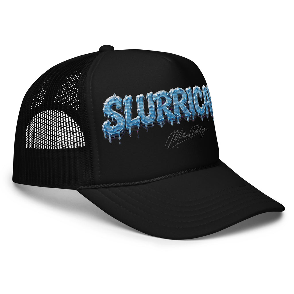 Right side view A black NFEO Foam Embroidery patch trucker hat with a blue and white dripping 'SLURRICANE" Cannabis Strain Logo graphic on the front panel, featuring a small 'Millions Pending' signature graphic below it, set against a plain white background.