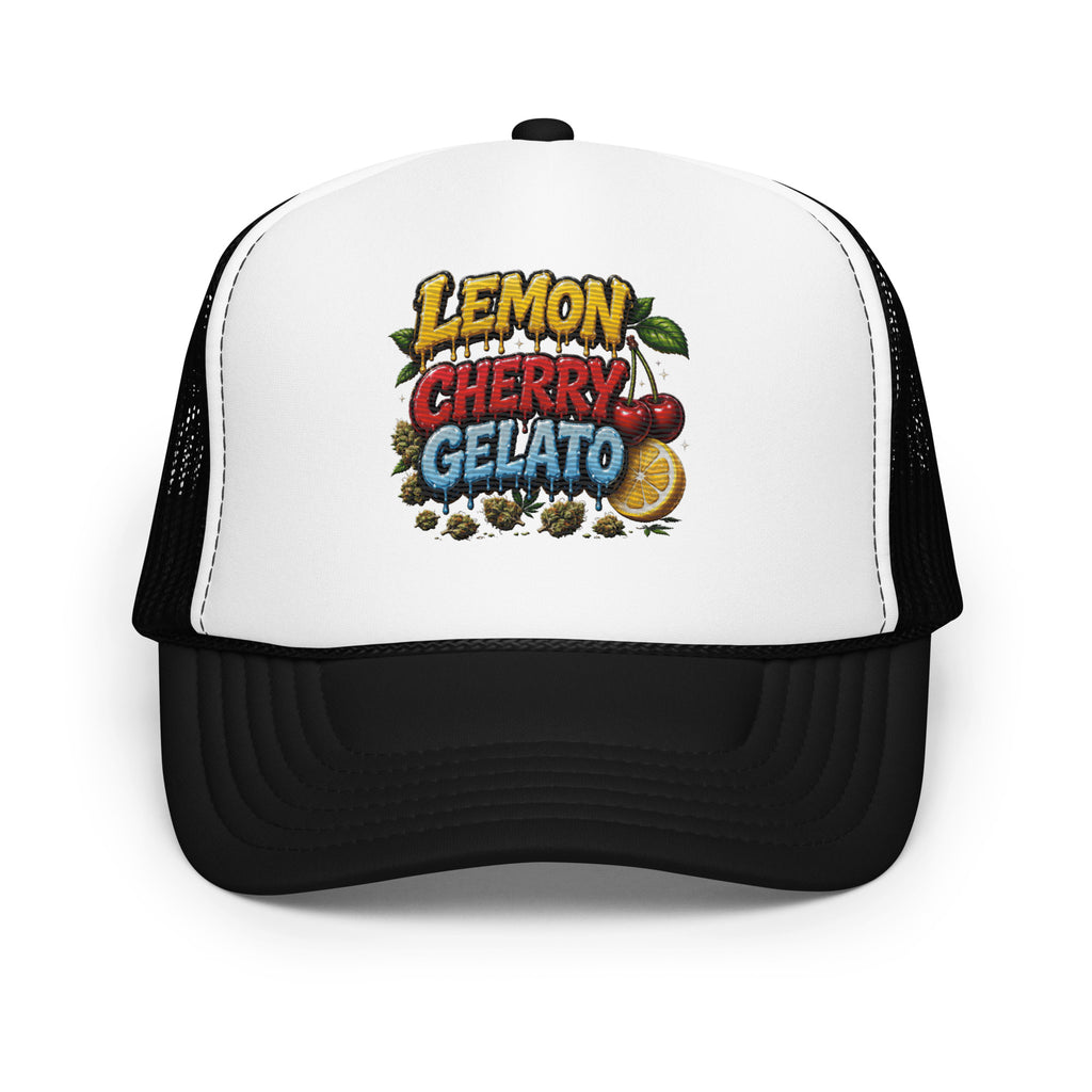 Black white Lemon Cherry Gelato cannabis strain streetwear hat with premium embroidered front design, structured foam trucker cap, breathable mesh back and adjustable snapback