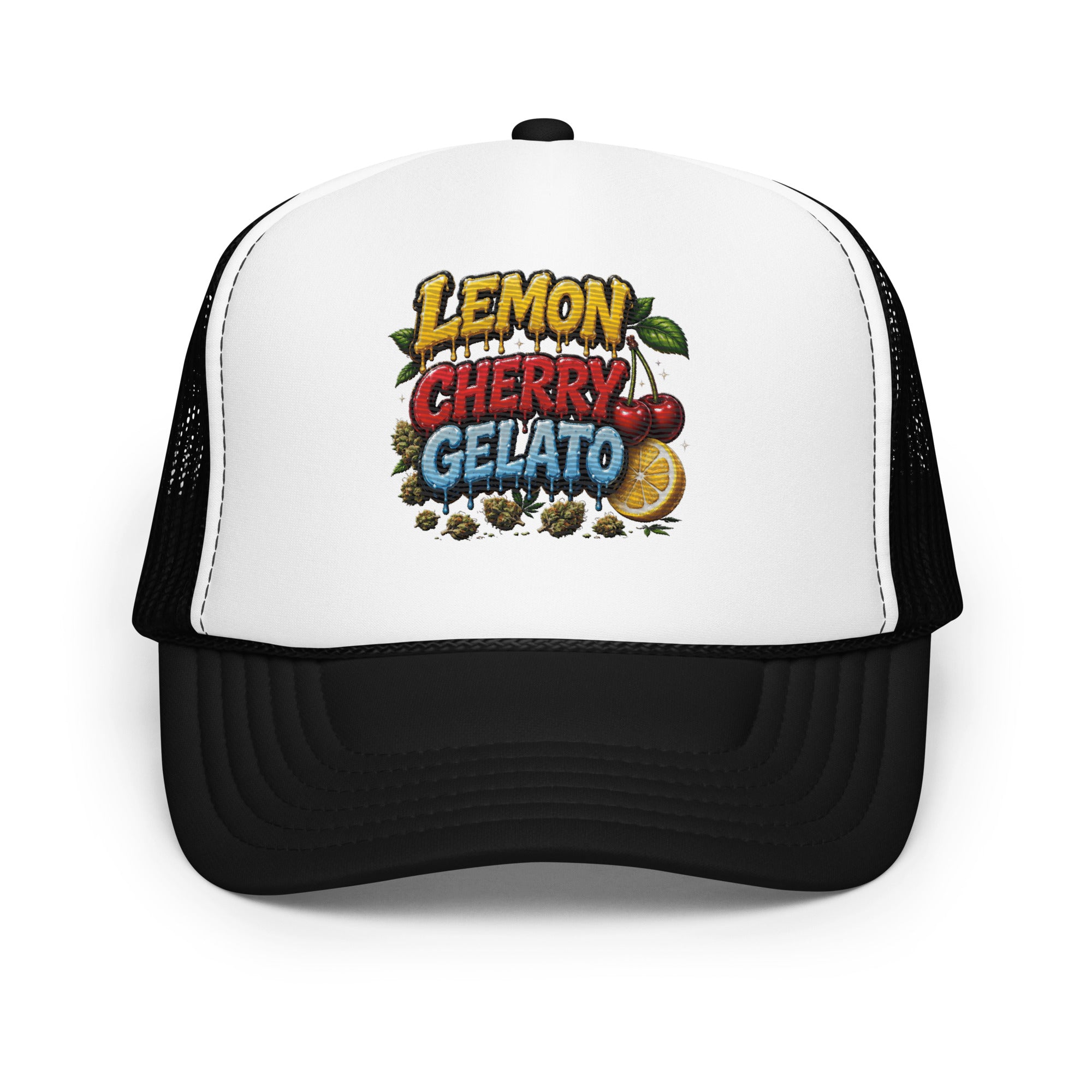 Black white Lemon Cherry Gelato cannabis strain streetwear hat with premium embroidered front design, structured foam trucker cap, breathable mesh back and adjustable snapback