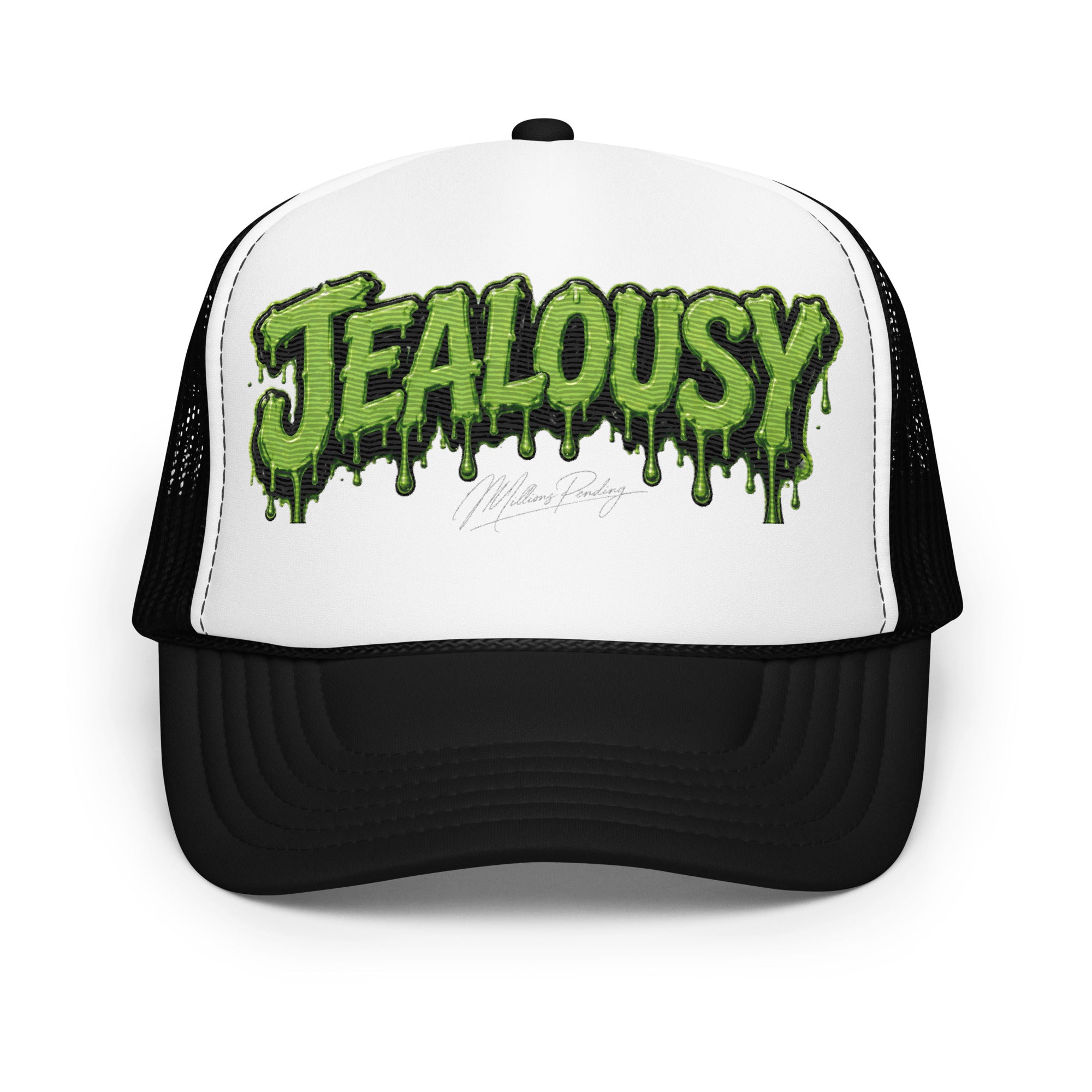 Front view of black, white, Jealousy cannabis strain foam trucker hat with raised 3D embroidered lettering, detailed stitching, structured foam front and breathable mesh back, designed as premium cannabis-inspired streetwear headwear in black, white and red colorways.