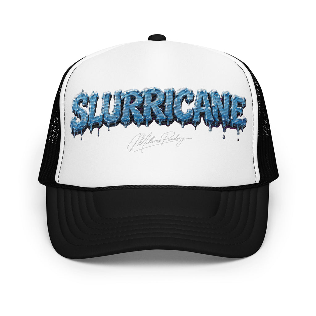 Front view Black,white, NFEO Foam Embroidery patch trucker hat with a blue and white dripping 'SLURRICANE" Cannabis Strain Logo graphic on the front panel, featuring a small 'Millions Pending' signature graphic below it, set against a plain white background