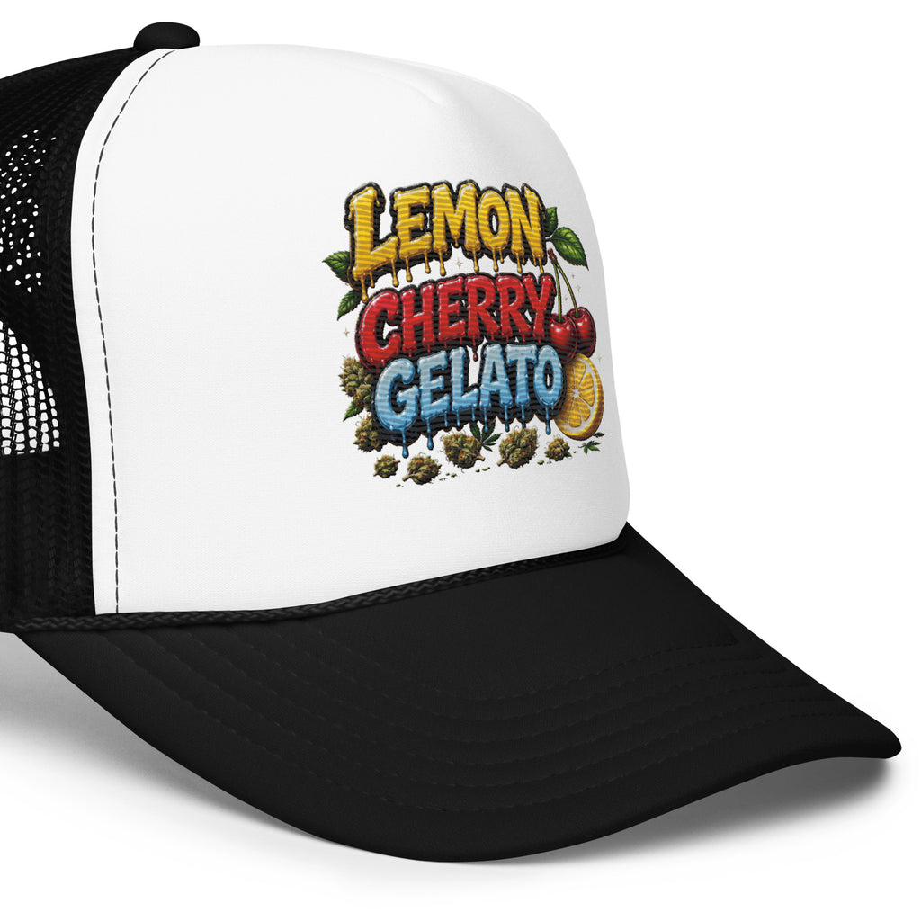A Black and white Right Side view of Lemon Cherry Gelato embroidered foam trucker hat showing structured high-profile crown, curved visor, breathable mesh and premium streetwear construction