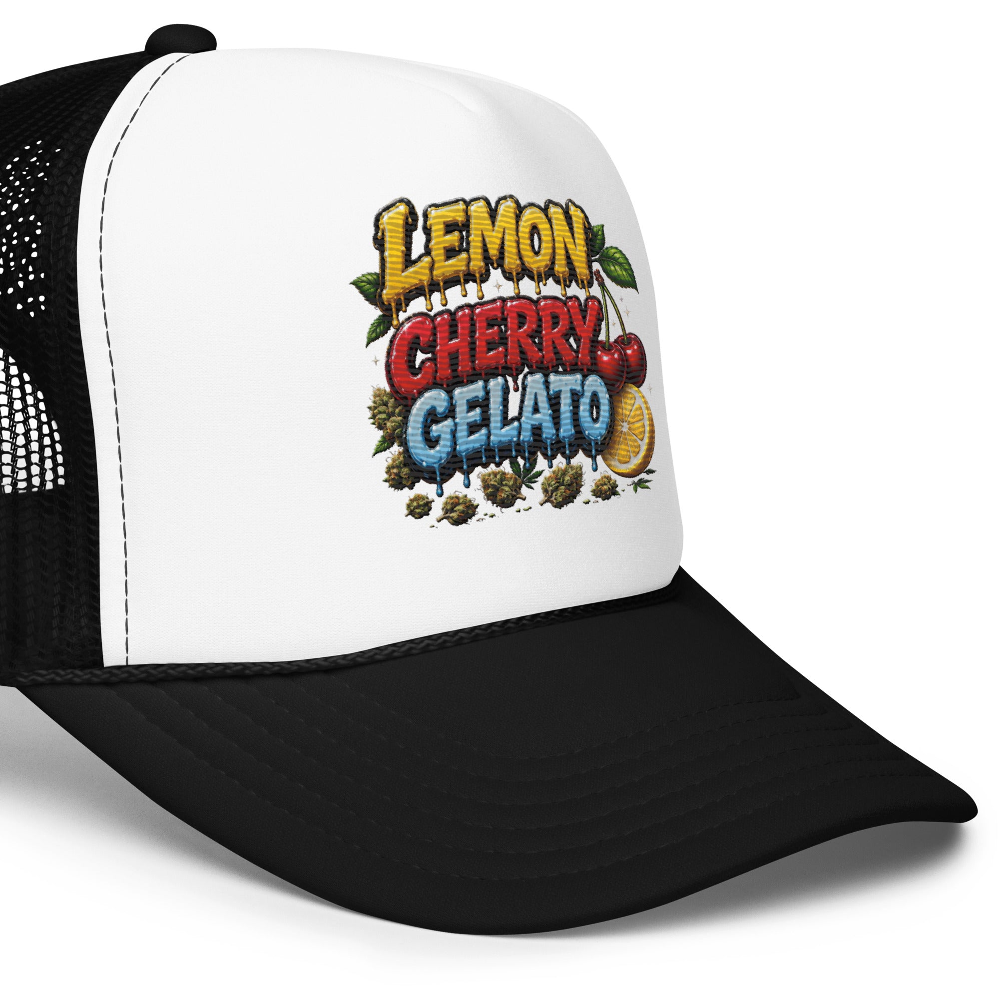 A Black and white Right Side view of Lemon Cherry Gelato embroidered foam trucker hat showing structured high-profile crown, curved visor, breathable mesh and premium streetwear construction