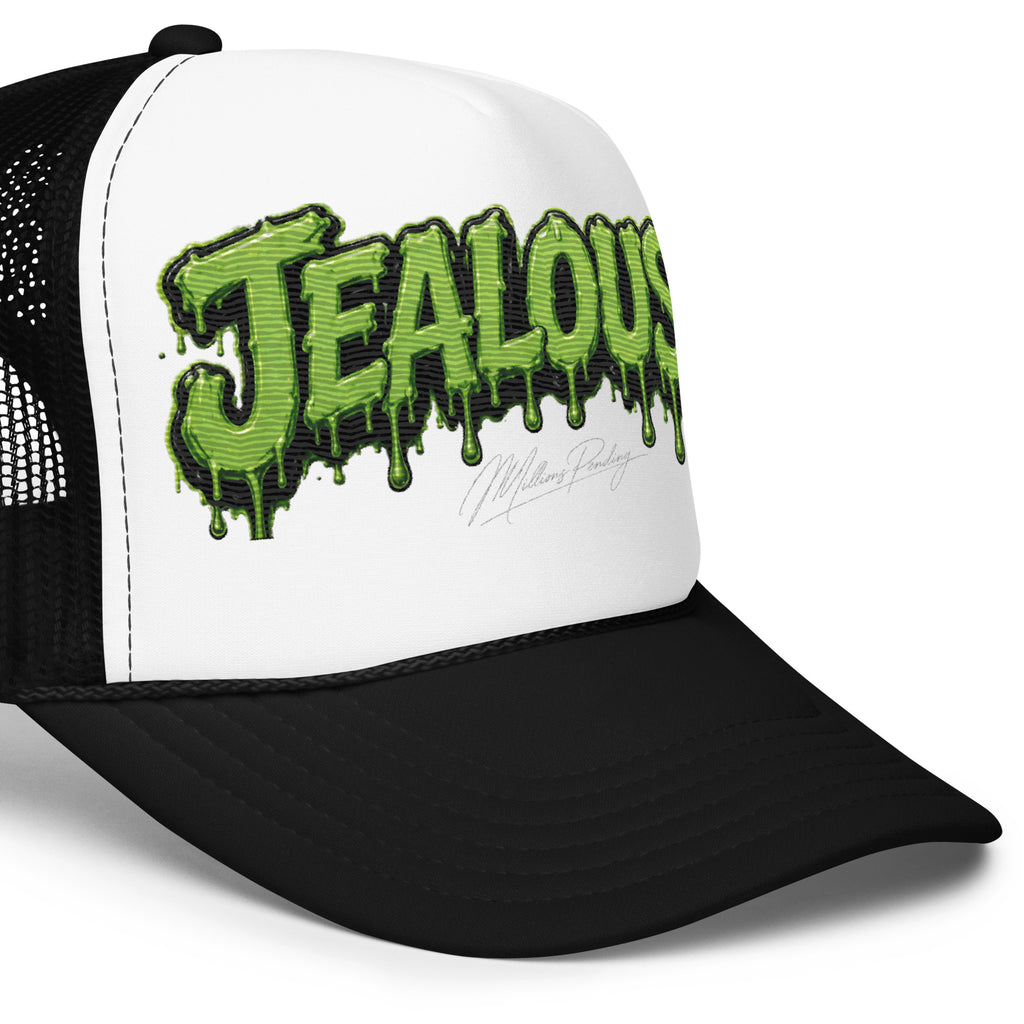black, white, Jealousy cannabis strain foam trucker hat with raised 3D embroidered lettering, detailed stitching, structured foam front and breathable mesh back, designed as premium cannabis-inspired streetwear headwear in black, white and red colorways.