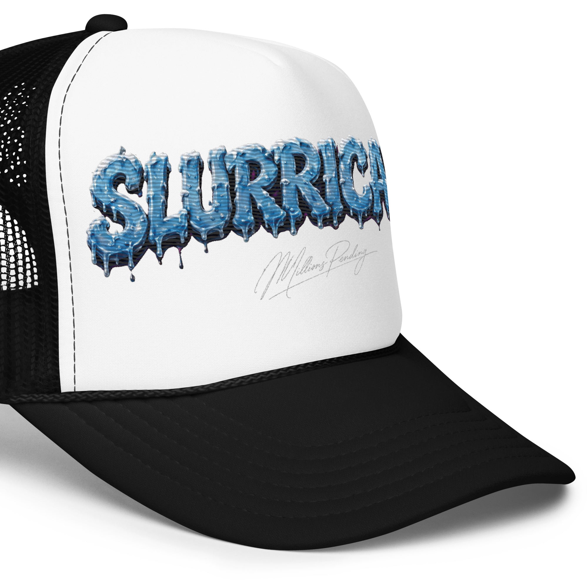 Close up view of Black,white, NFEO Foam Embroidery patch trucker hat with a blue and white dripping 'SLURRICANE" Cannabis Strain Logo graphic on the front panel, featuring a small 'Millions Pending' signature graphic below it, set against a plain white background