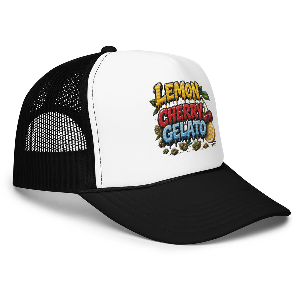 Right side black white Lemon Cherry Gelato foam trucker hat showing breathable mesh right side, adjustable snapback closure and premium cannabis streetwear construction