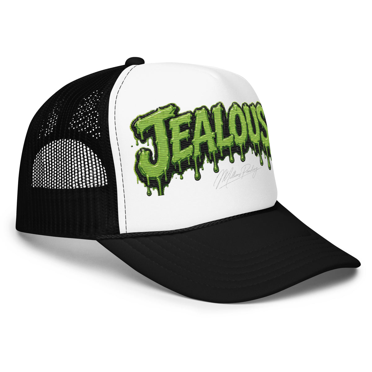 Black, white, Jealousy cannabis strain foam trucker hat with raised 3D embroidered lettering, detailed stitching, structured foam front and breathable mesh back, designed as premium cannabis-inspired streetwear headwear in black, white and red colorways.
