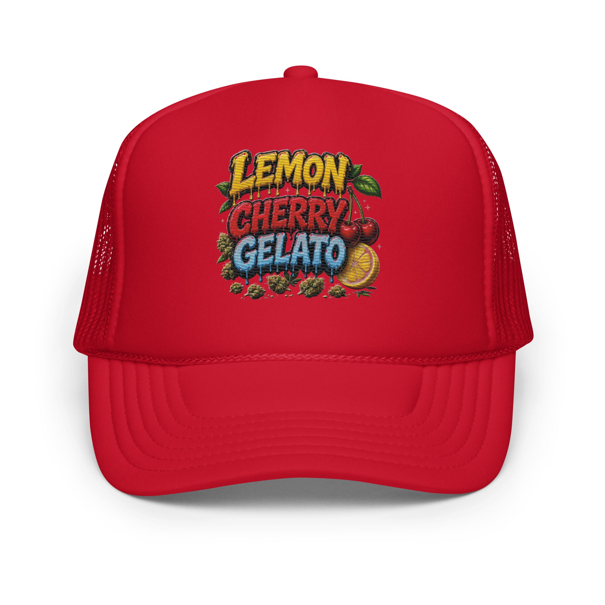 All Red Lemon Cherry Gelato cannabis strain streetwear hat with premium embroidered front design, structured foam trucker cap, breathable mesh back and adjustable snapback
