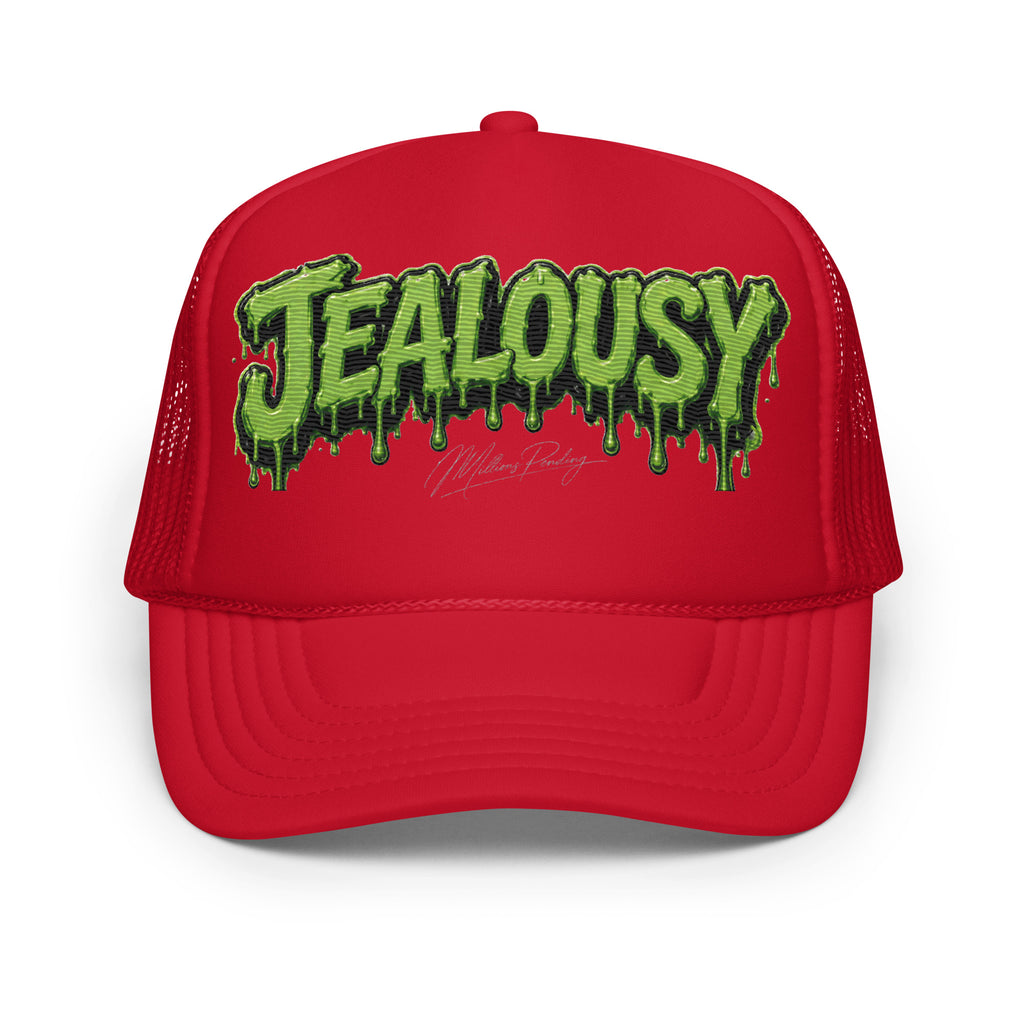 All red front view of Jealousy cannabis strain foam trucker hat with raised 3D embroidered lettering, detailed stitching, structured foam front and breathable mesh back, designed as premium cannabis-inspired streetwear headwear in black, white and red colorways.