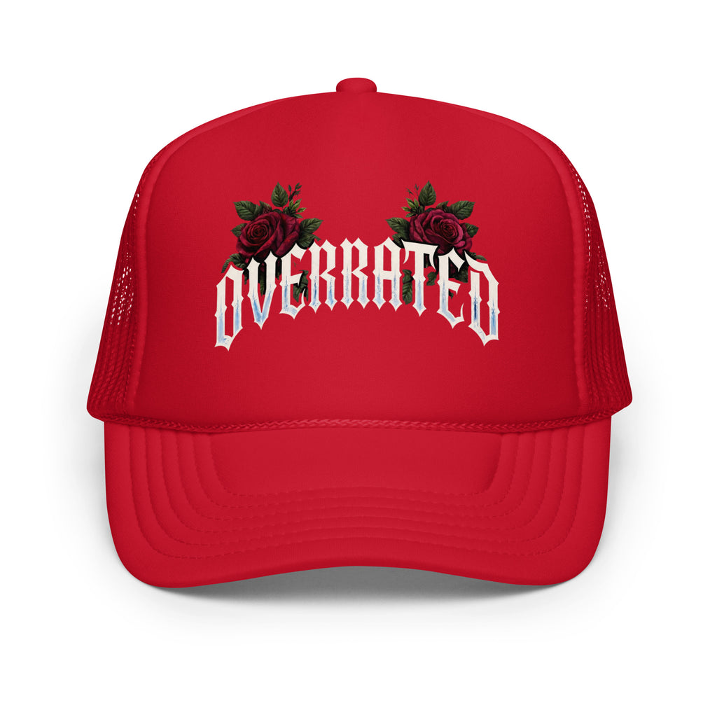 Red front view of NFEO OVERRATED RED streetwear set featuring oversized boxy crop drop shoulder tee and premium foam trucker mesh snapback hat, bold entrepreneur fashion for men who put finances before pleasure