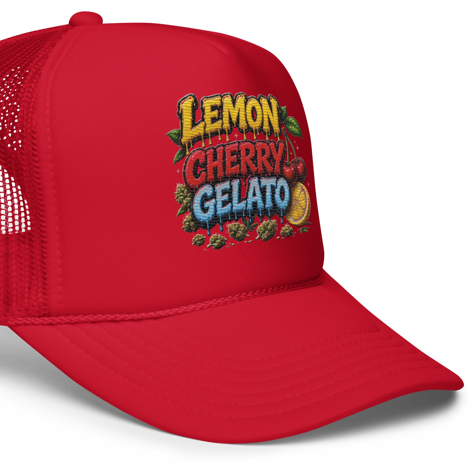 All Red Right Side view of Lemon Cherry Gelato embroidered foam trucker hat showing structured high-profile crown, curved visor, breathable mesh and premium streetwear construction