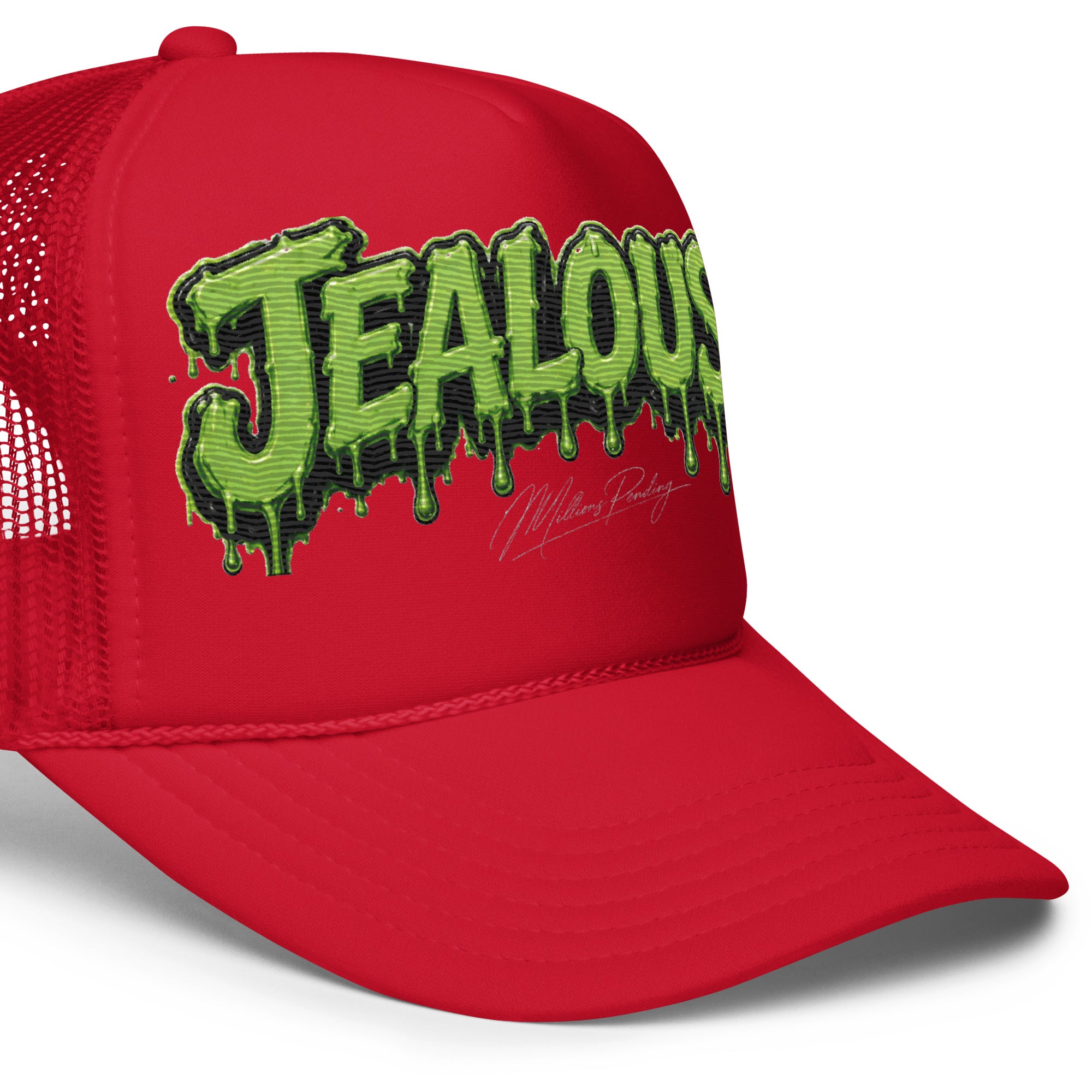 All red Jealousy cannabis strain foam trucker hat with raised 3D embroidered lettering, detailed stitching, structured foam front and breathable mesh back, designed as premium cannabis-inspired streetwear headwear in black, white and red colorways.