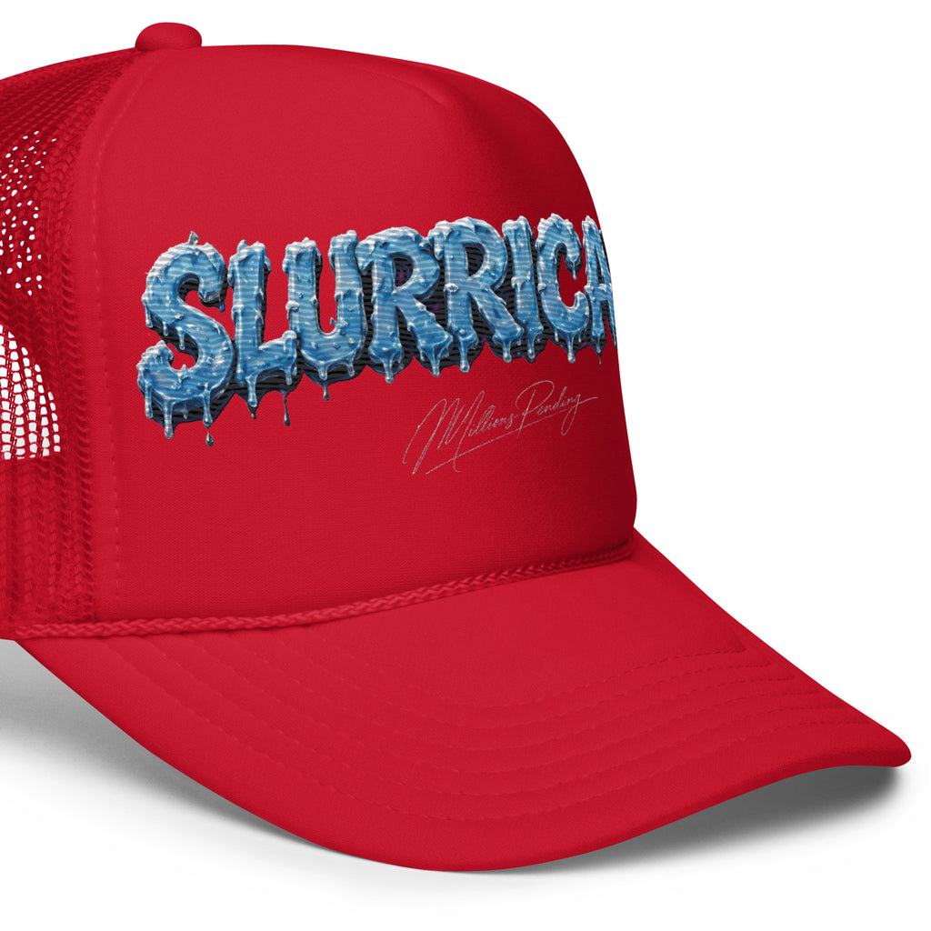 Front side close up Red NFEO Foam Embroidery patch trucker hat with a blue and white dripping 'SLURRICANE" Cannabis Strain Logo graphic on the front panel, featuring a small 'Millions Pending' signature graphic below it, set against a plain white background.
