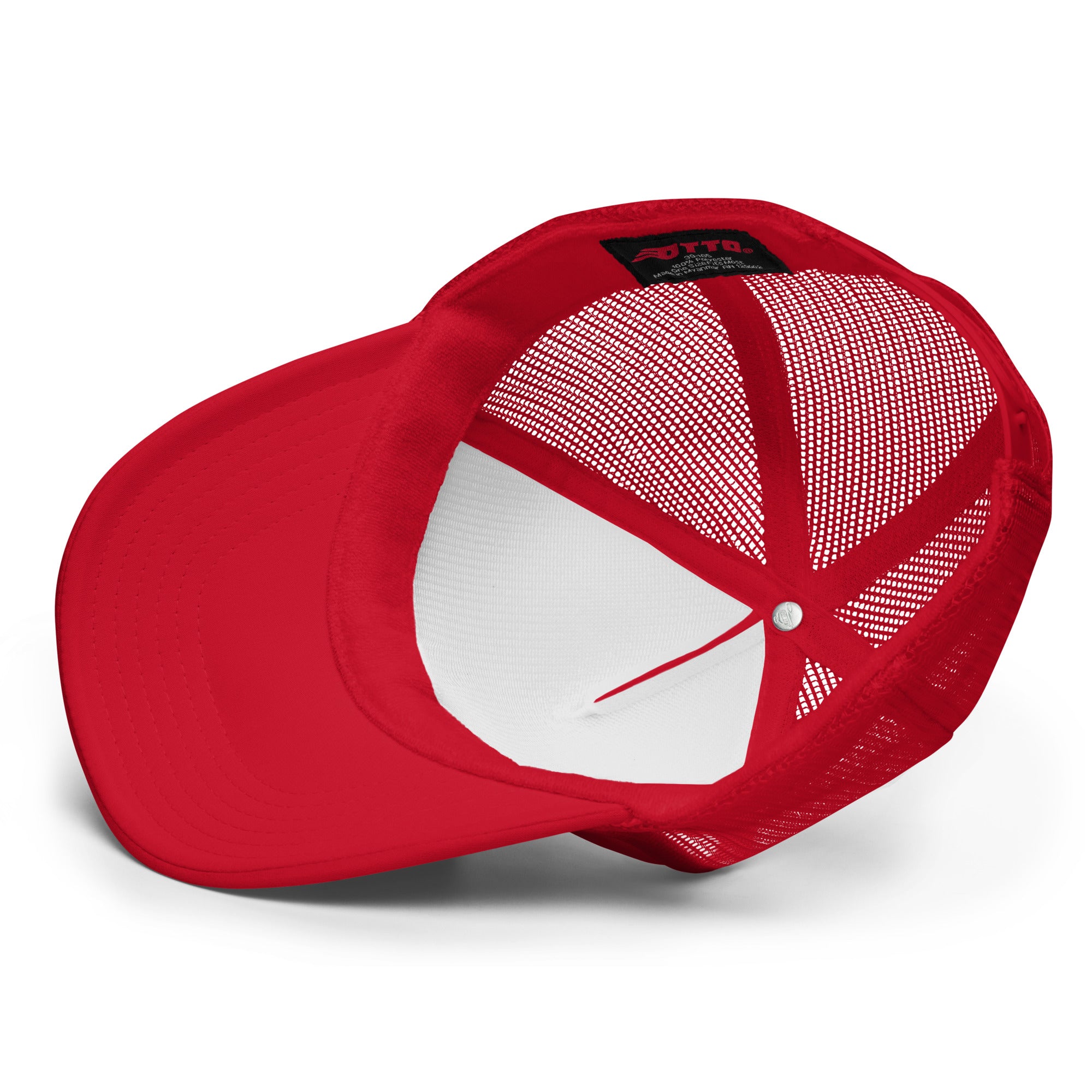 Red Trucker cap with mesh back on a white background