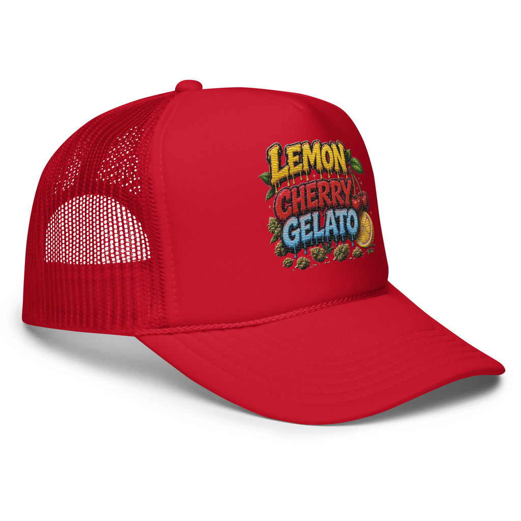 All Red Side view of Lemon Cherry Gelato embroidered foam trucker hat showing structured high-profile crown, curved visor, breathable mesh and premium streetwear construction