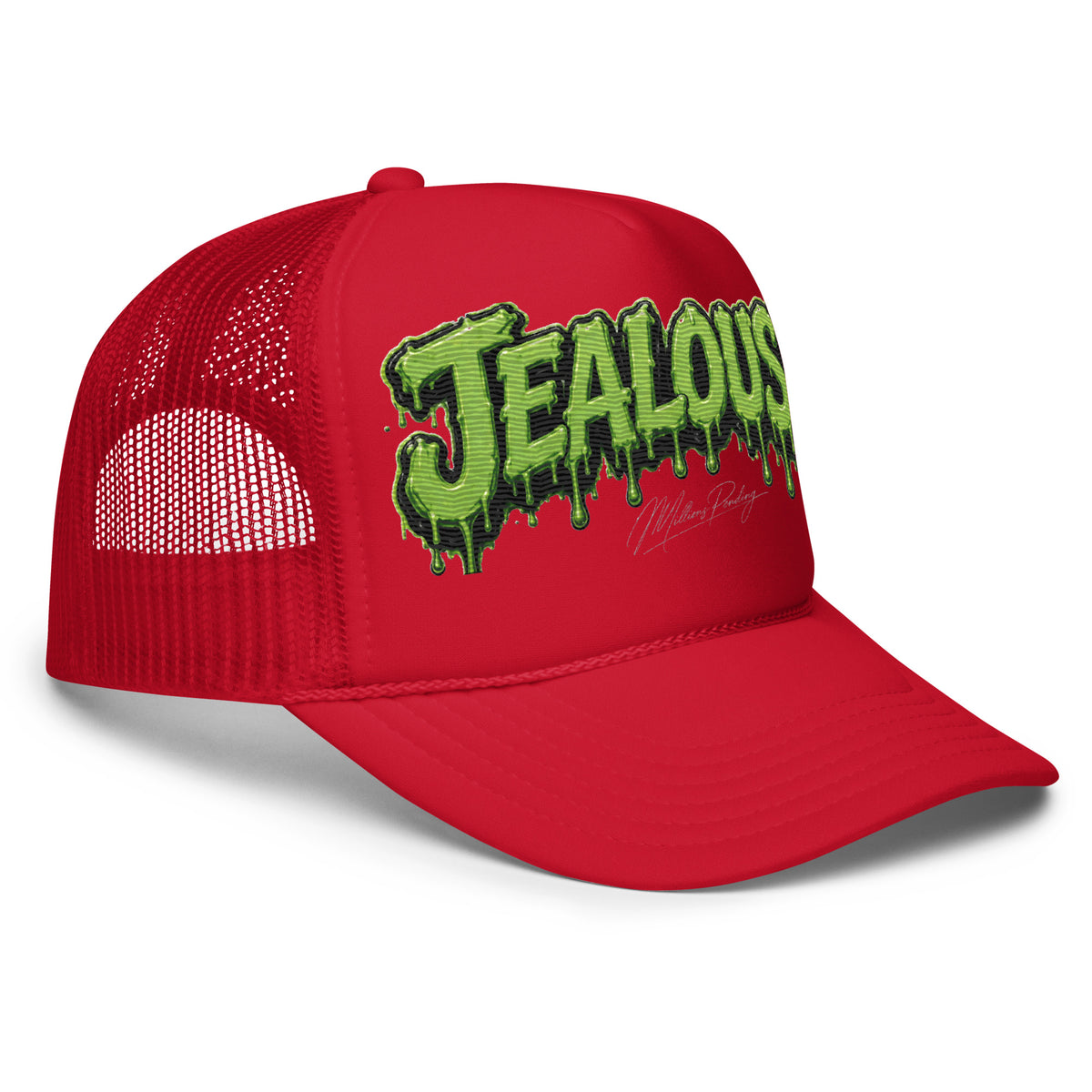 All Red Jealousy cannabis strain foam trucker hat with raised 3D embroidered lettering, detailed stitching, structured foam front and breathable mesh back, designed as premium cannabis-inspired streetwear headwear in black, white and red colorways.