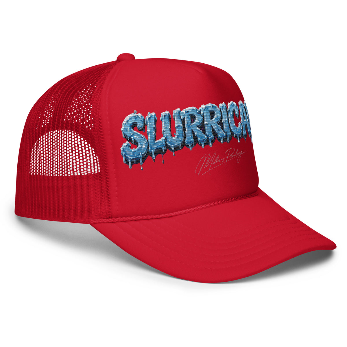 Right Front side: Red NFEO Foam Embroidery patch trucker hat with a blue and white dripping 'SLURRICANE" Cannabis Strain Logo graphic on the front panel, featuring a small 'Millions Pending' signature graphic below it, set against a plain white background.