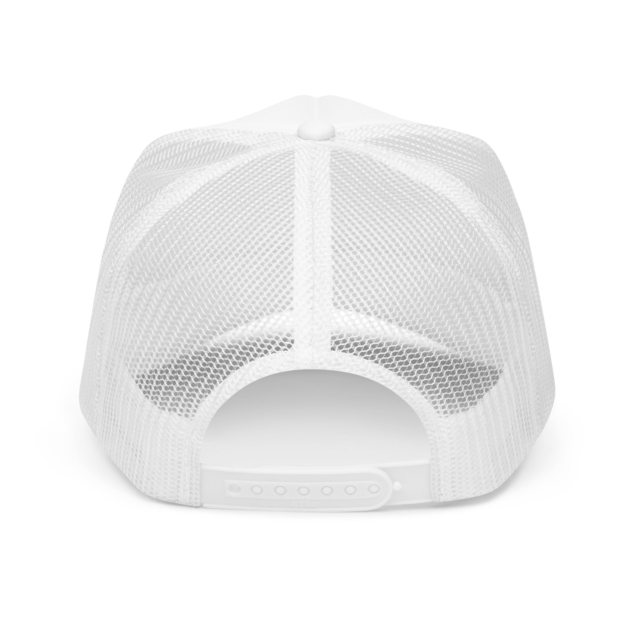 All white back Lemon Cherry Gelato foam trucker hat showing breathable mesh back, adjustable snapback closure and premium cannabis streetwear construction