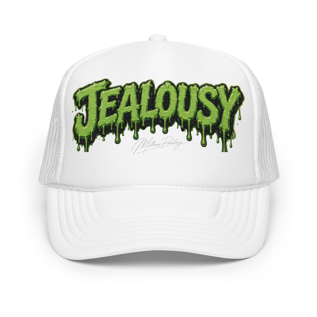 Front view of  all white Jealousy cannabis strain foam trucker hat with raised 3D embroidered lettering, detailed stitching, structured foam front and breathable mesh back, designed as premium cannabis-inspired streetwear headwear in black, white and red colorways.