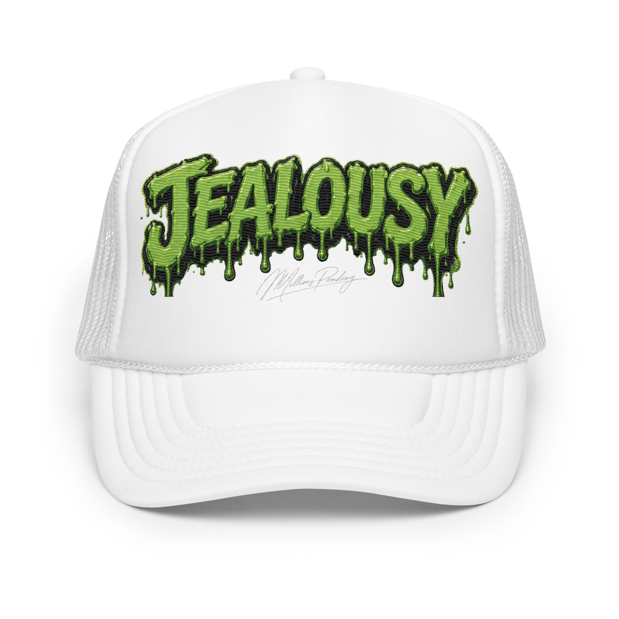 Front view of  all white Jealousy cannabis strain foam trucker hat with raised 3D embroidered lettering, detailed stitching, structured foam front and breathable mesh back, designed as premium cannabis-inspired streetwear headwear in black, white and red colorways.