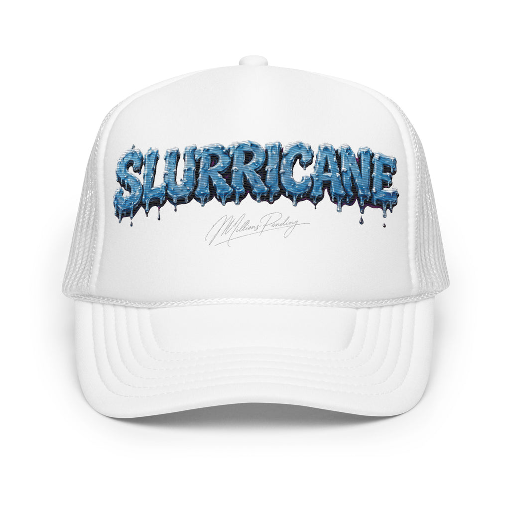 Front view All white, NFEO Foam Embroidery patch trucker hat with a blue and white dripping 'SLURRICANE" Cannabis Strain Logo graphic on the front panel, featuring a small 'Millions Pending' signature graphic below it, set against a plain white background