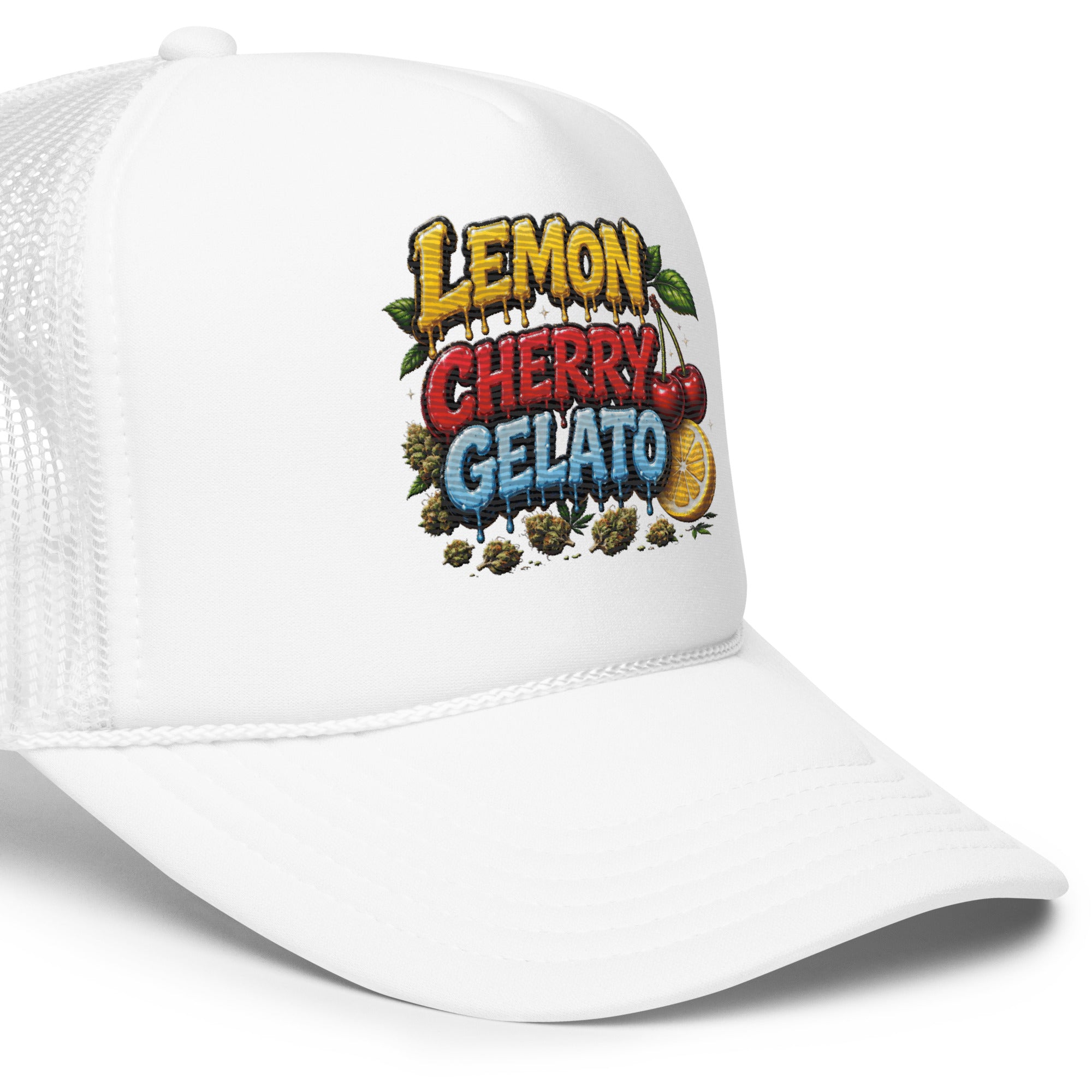 All white Right Side view of Lemon Cherry Gelato embroidered foam trucker hat showing structured high-profile crown, curved visor, breathable mesh and premium streetwear construction