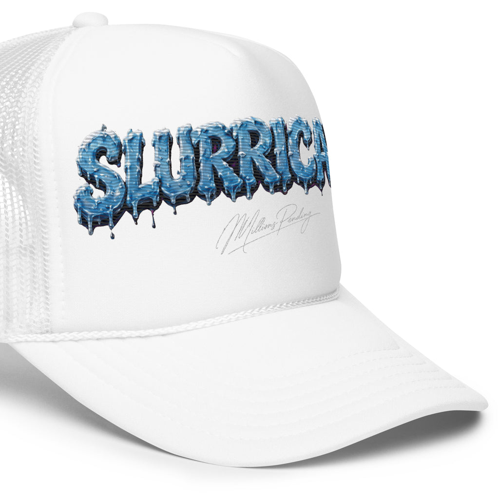 All white, NFEO Foam Embroidery patch trucker hat with a blue and white dripping 'SLURRICANE" Cannabis Strain Logo graphic on the front panel, featuring a small 'Millions Pending' signature graphic below it, set against a plain white background