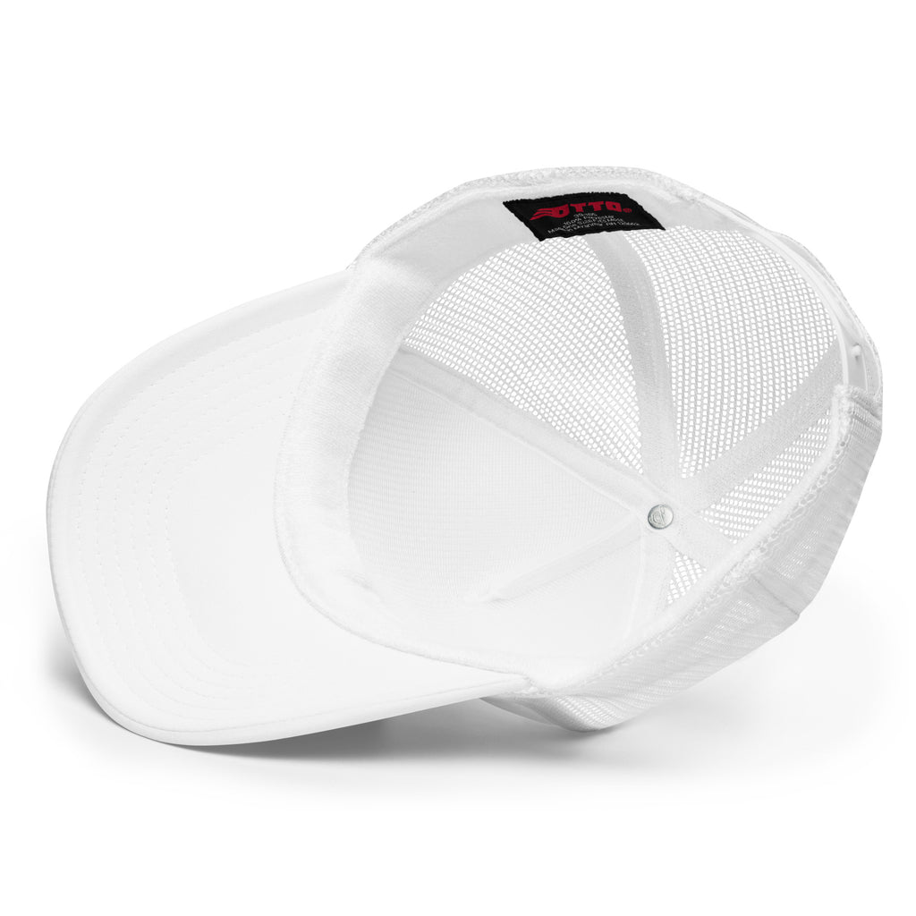 White trucker cap with mesh back on a white background