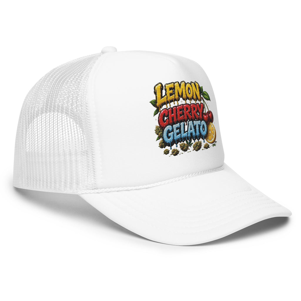 All white right Side view of Lemon Cherry Gelato embroidered foam trucker hat showing structured high-profile crown, curved visor, breathable mesh and premium streetwear construction
