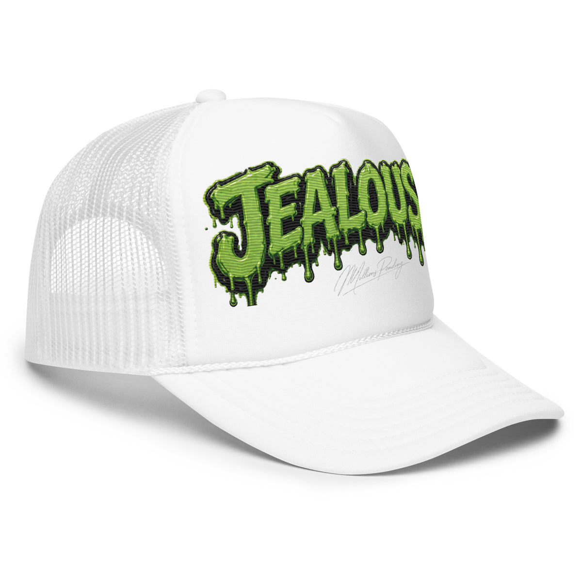 All white Jealousy cannabis strain foam trucker hat with raised 3D embroidered lettering, detailed stitching, structured foam front and breathable mesh back, designed as premium cannabis-inspired streetwear headwear in black, white and red colorways.