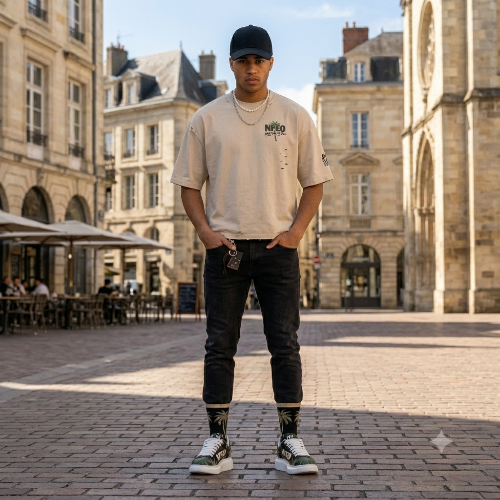 Full fit Check photo shoot of NFEO Built For The Few signature streetwear ensemble featuring exclusive platform designer sneakers and raw, distressed apparel. This high-end urban look showcases signature branding, embodying the resilience of the entrepreneurial grind. Engineered for a luxury fit, this statement collection is crafted for visionaries who set the standard. Premium streetwear essentials designed for those who demand individuality, quality, and a distinct aesthetic in their daily rotation.