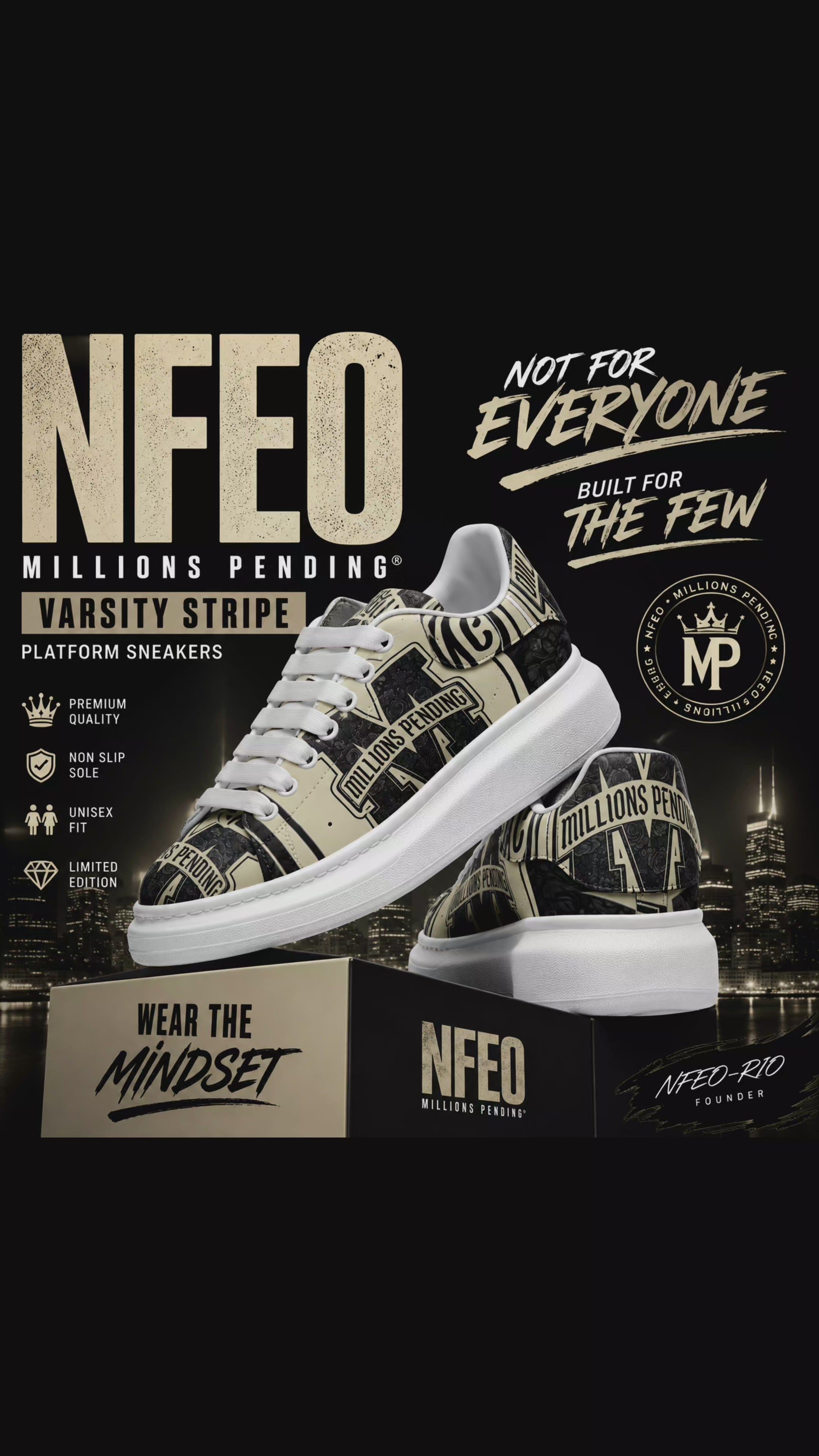 NFEO Varsity Stripe Millions Pending Unisex Non Slip Fat Lace Faux Leather Platform Chunky Sole Sneakers