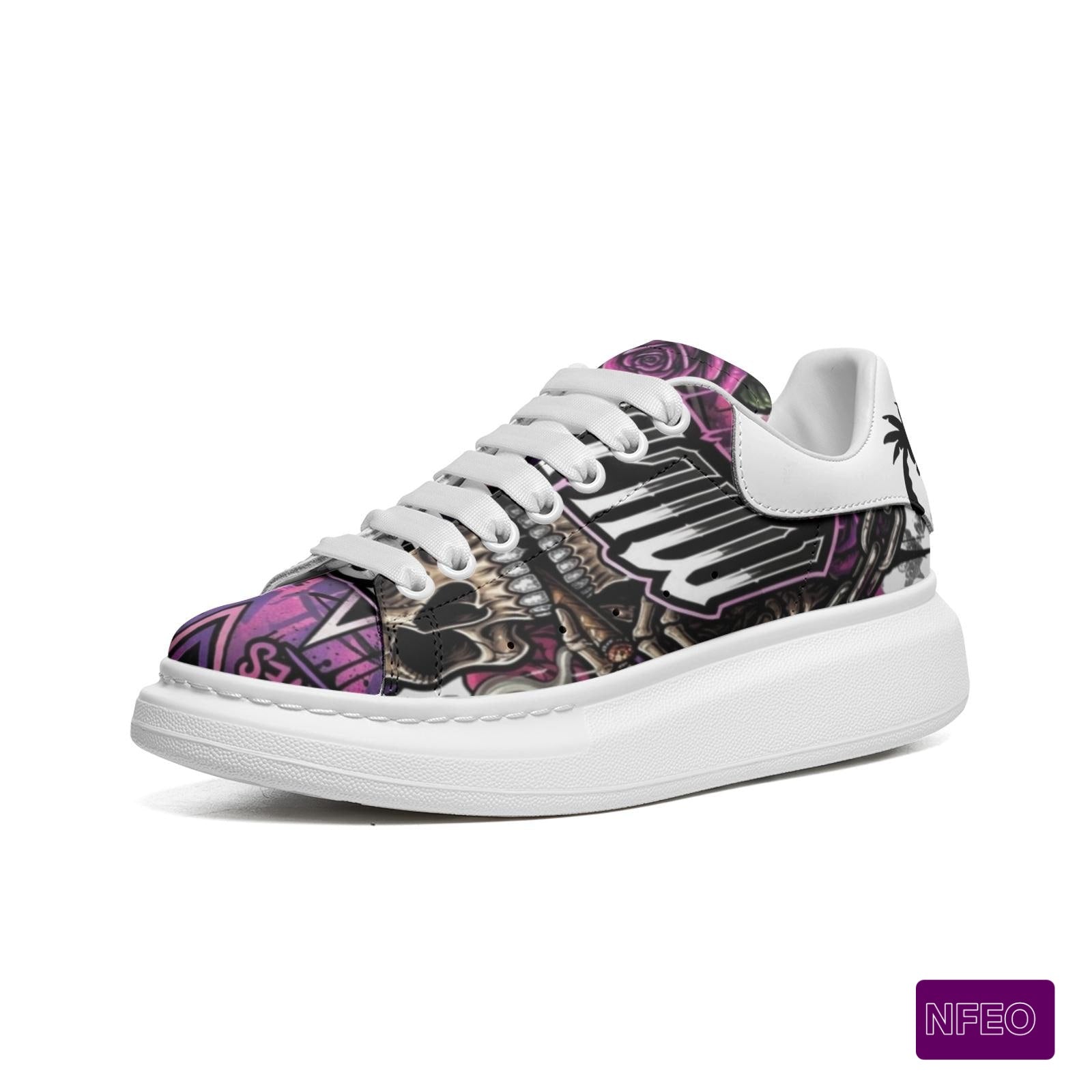 Left front side view of stylish millions Pending NFEO Platform McQueen model Chunky sole sneakers with purple,  black, white, sliver, floral Skull designs with millions Pending text. These are Millions Pending NFEO signature sneakers for Comfortable streetwear.