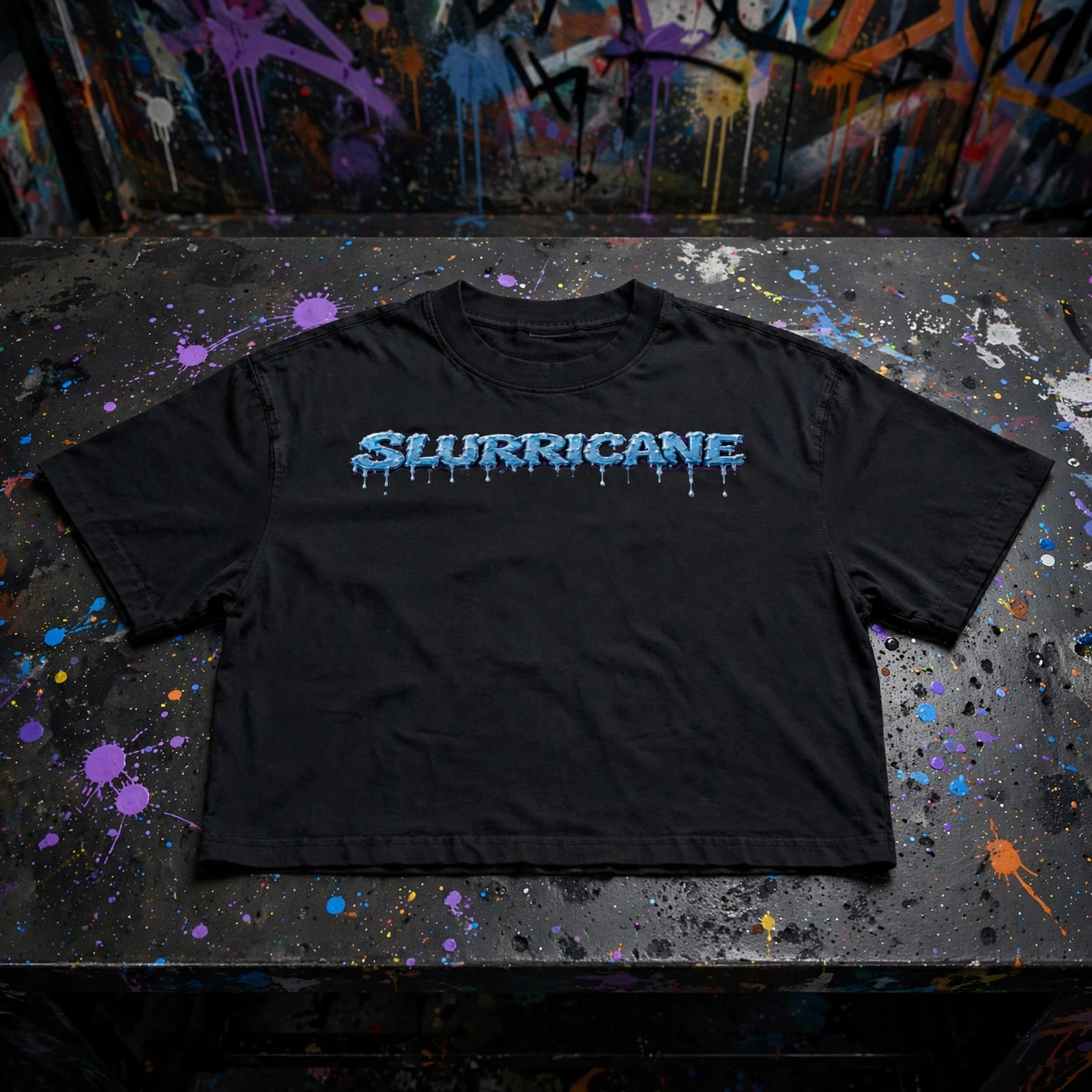 A black NFEO boxy silhouette Drop shoulders short-sleeve Tee with 'SLURRICANE' printed across the chest in a dripping blue and white font, laid flat on a paint-splattered table with a graffiti wall in the background NFEO Cannabis Strain Streetwear.