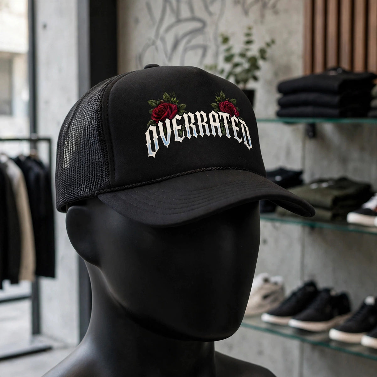 Black mannequin Head displaying NFEO OVERRATED black streetwear set featuring oversized boxy crop drop shoulder tee and premium foam trucker mesh snapback hat, bold entrepreneur fashion for men who put finances before pleasure