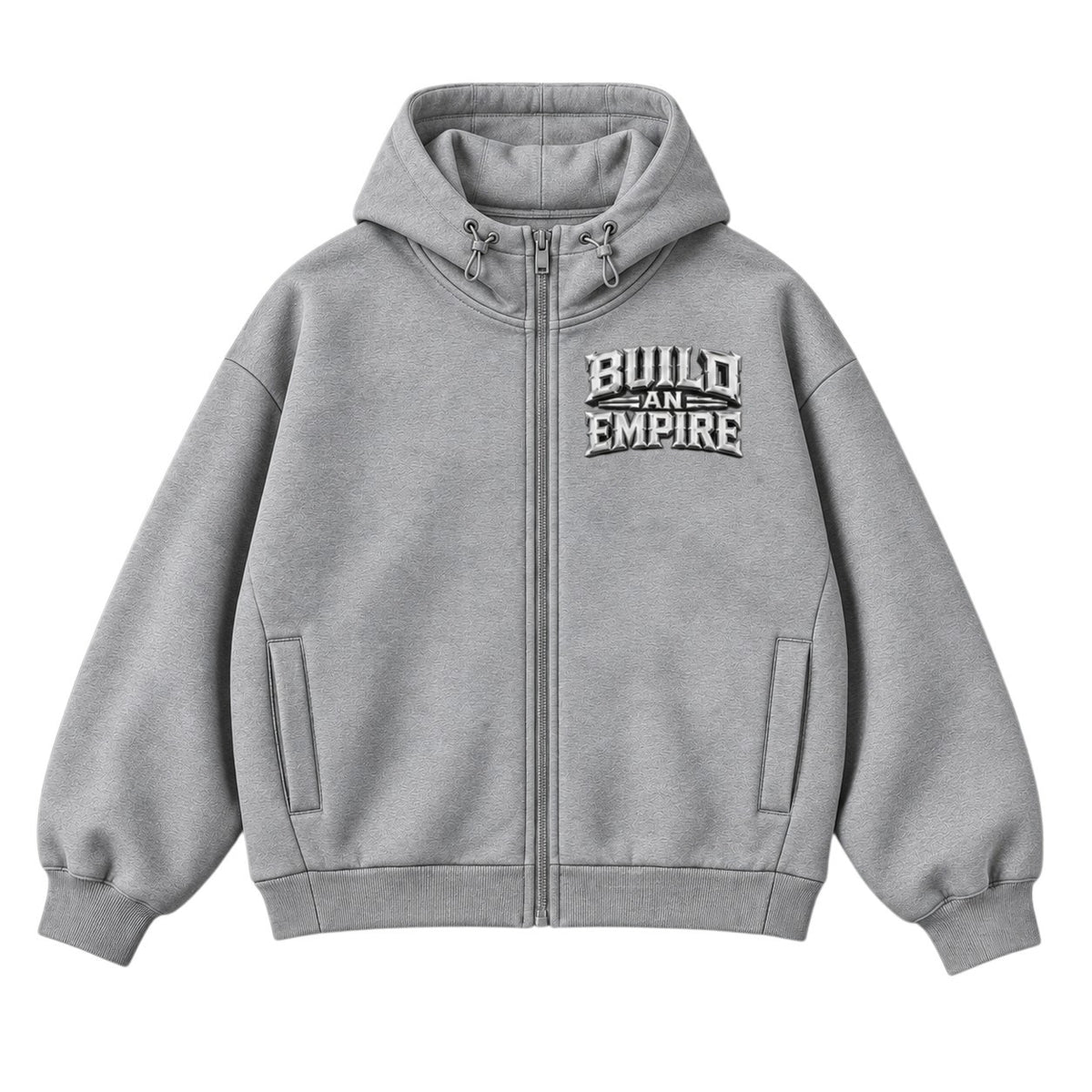 B.A.E. Build An Empire gray full-zip hoodie featuring a bold chest graphic, adjustable hood, front zip closure, kangaroo pockets, ribbed cuffs and hem, designed for casual premium streetwear.
