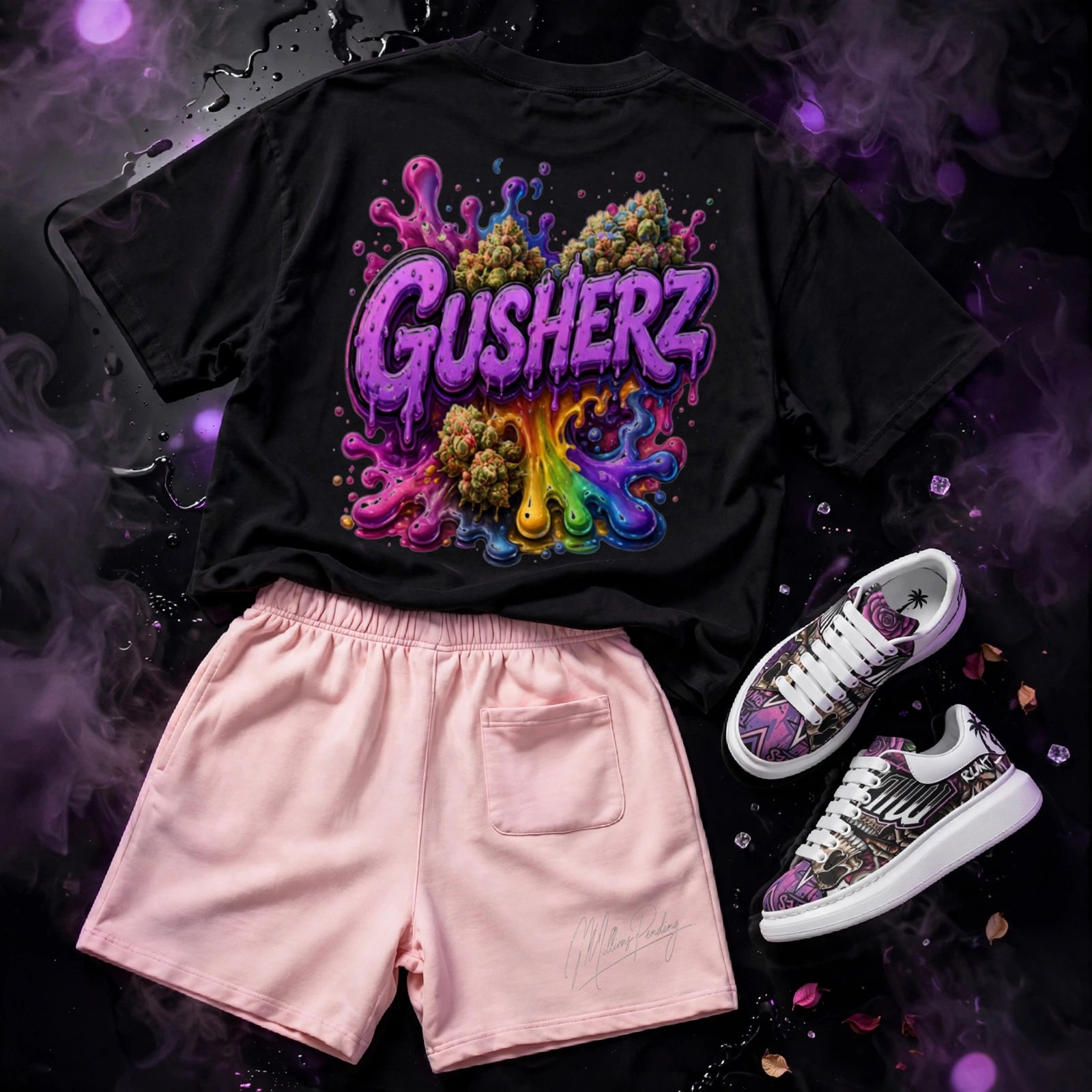 NFEO GUSHERZ DROP 002 Back Design Flat Lay - Black Oversized Tee Large Back Graphic Purple GUSHERZ Rainbow Splash Cannabis Nug Artwork + Light Pink Heavyweight Vintage Shorts Back Pocket Signature Detail + Custom Skull Rose Sneakers - Luxury 420 Streetwear Collection Mockup - Not For Everyone Built For The Few Limited Drop